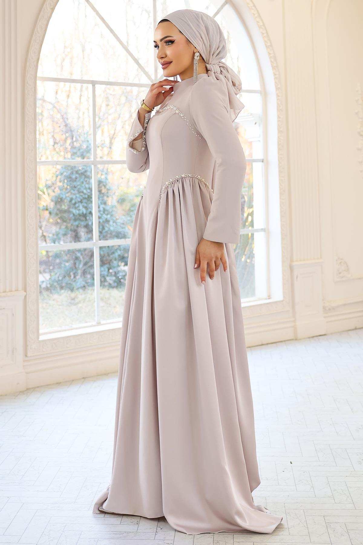İnci Detaylı Krep ve Saten Kombinli Kloş Tesettür TAŞ 1686