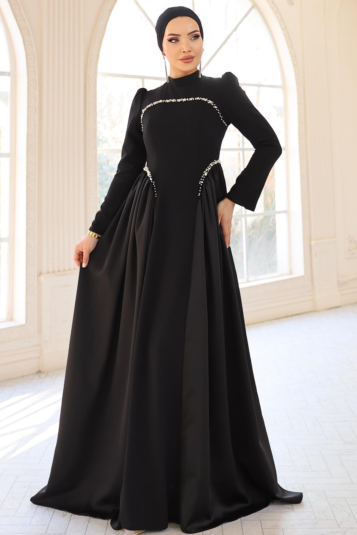 İnci Detaylı Krep ve Saten Kombinli Kloş Tesettür SİYAH 1686