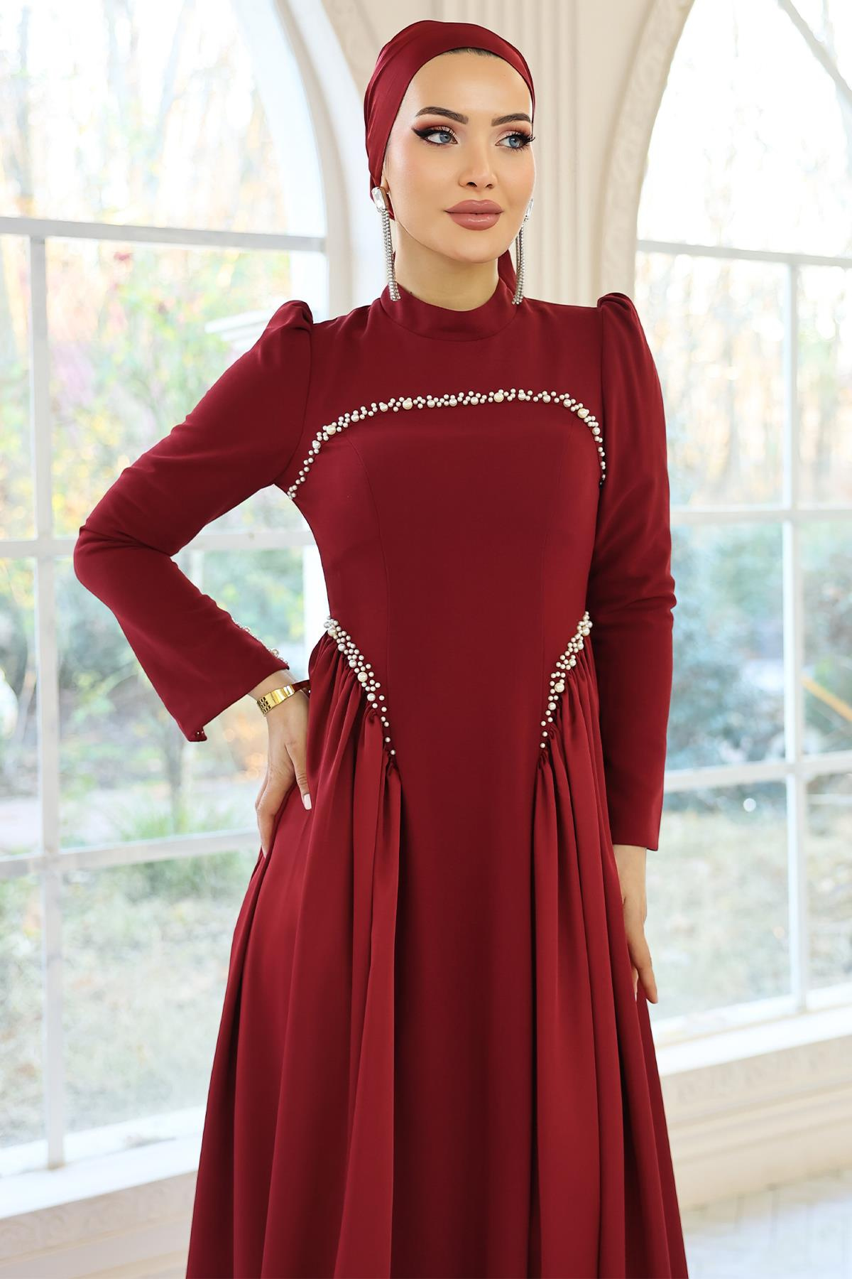 İnci Detaylı Krep ve Saten Kombinli Kloş Tesettür BORDO 1686