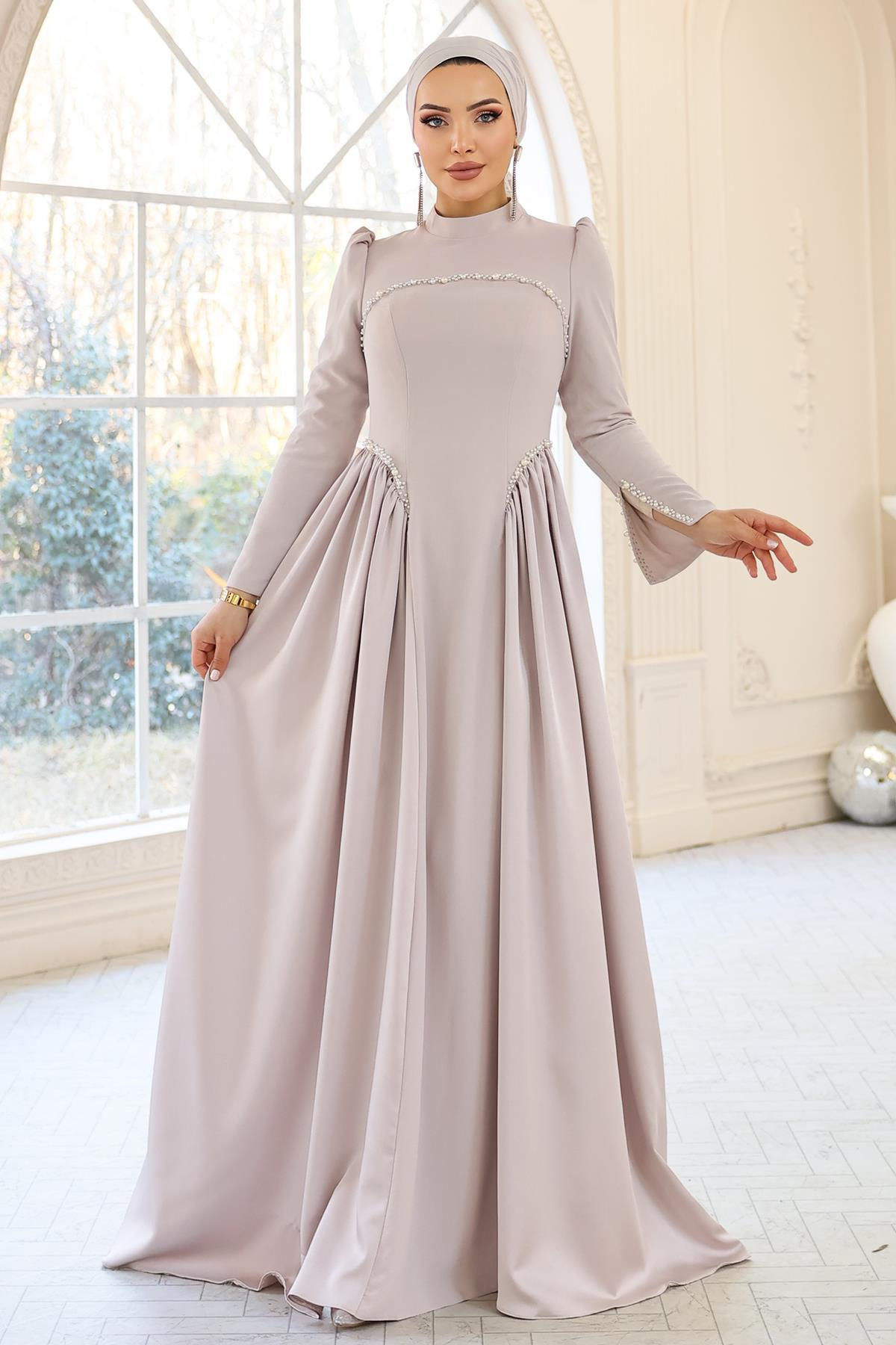 İnci Detaylı Krep ve Saten Kombinli Kloş Tesettür TAŞ 1686