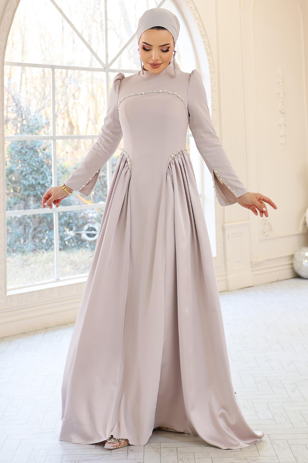 İnci Detaylı Krep ve Saten Kombinli Kloş Tesettür TAŞ 1686