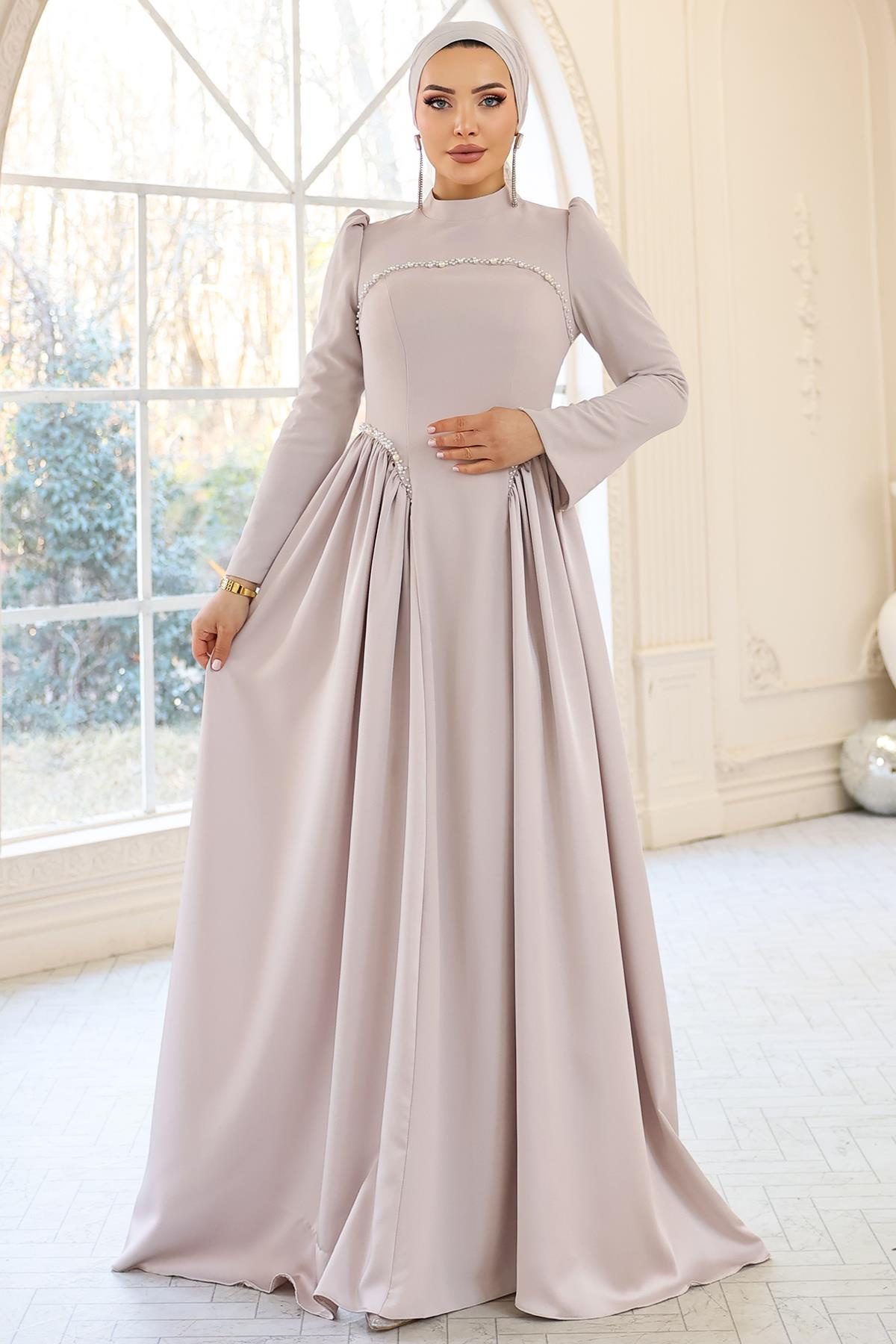 İnci Detaylı Krep ve Saten Kombinli Kloş Tesettür TAŞ 1686