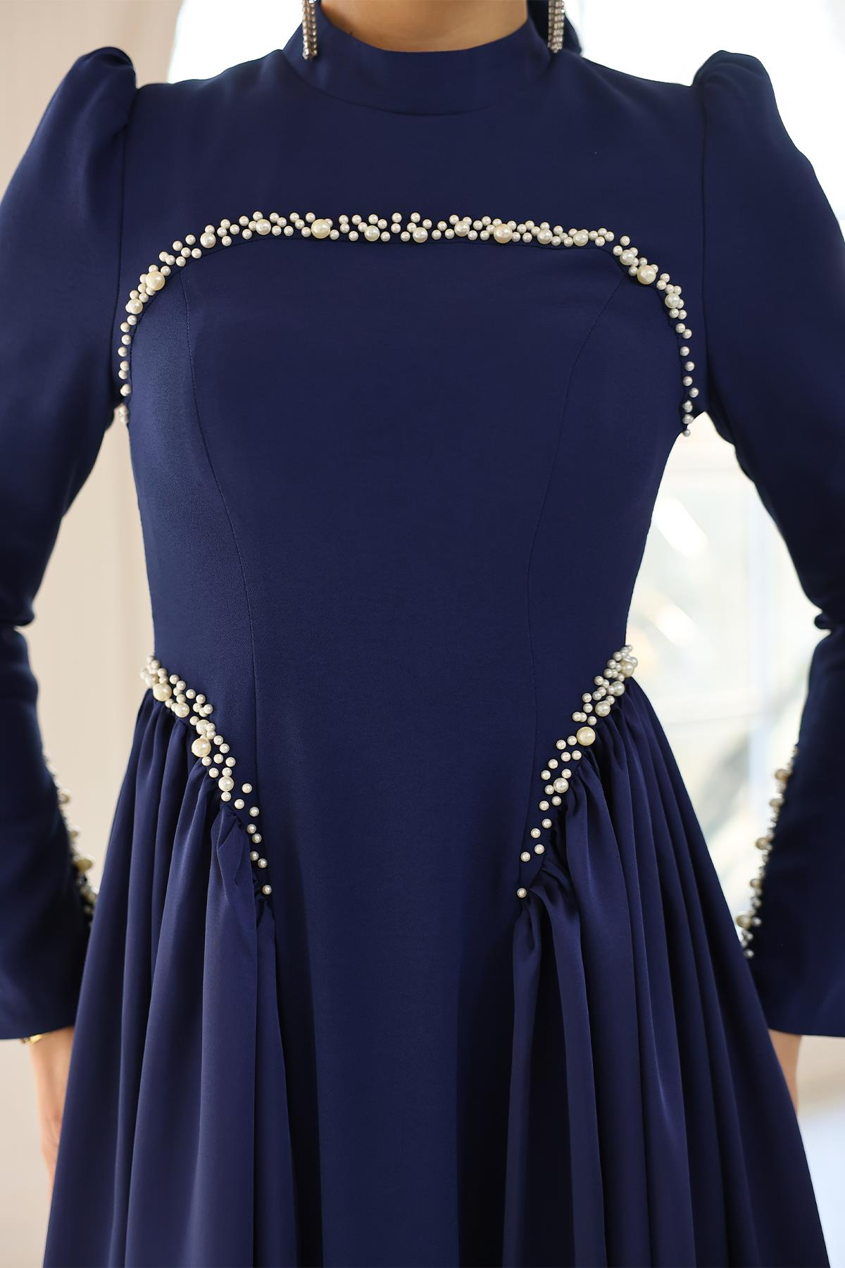 İnci Detaylı Krep ve Saten Kombinli Kloş Tesettür LACİVERT 1686