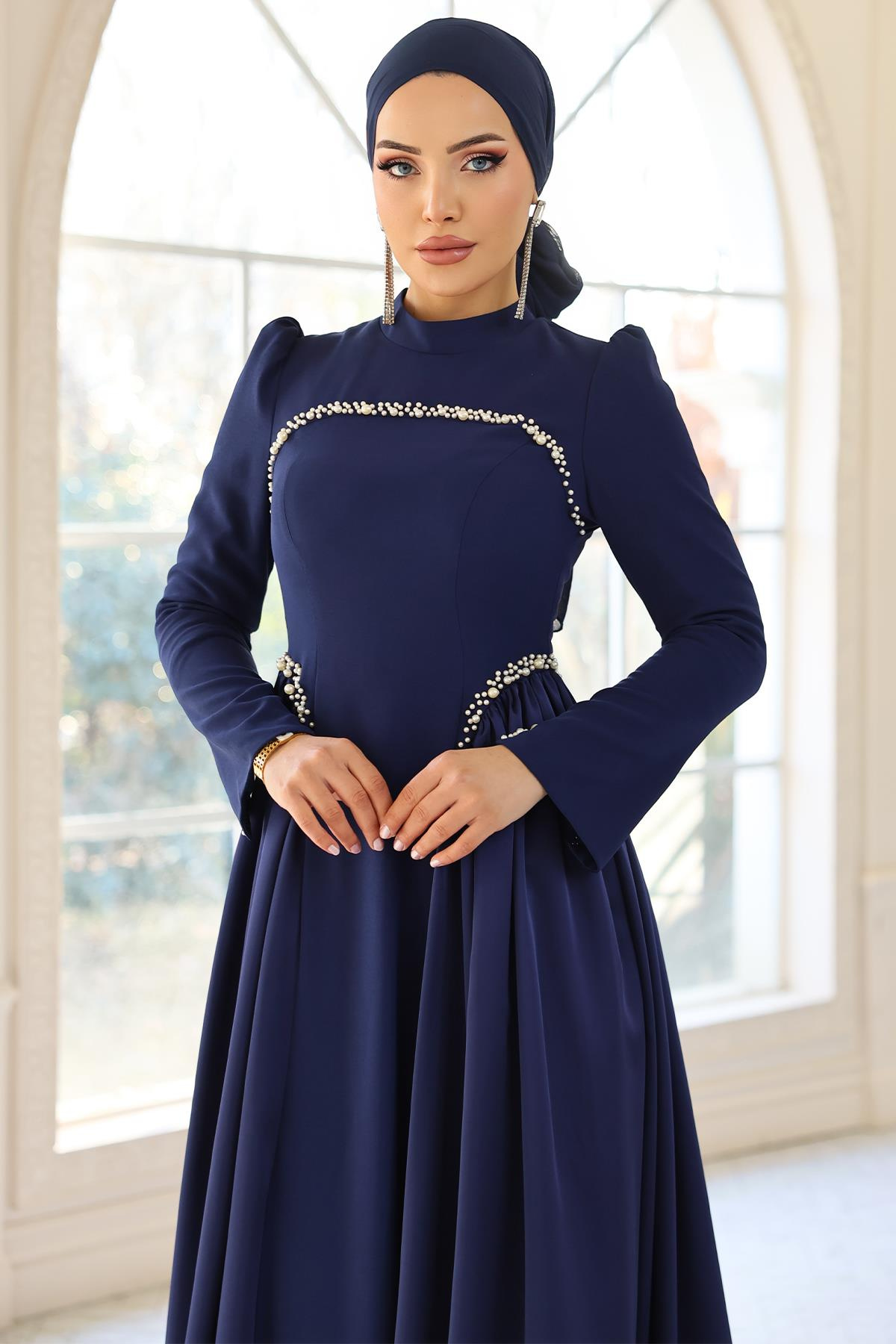 İnci Detaylı Krep ve Saten Kombinli Kloş Tesettür LACİVERT 1686