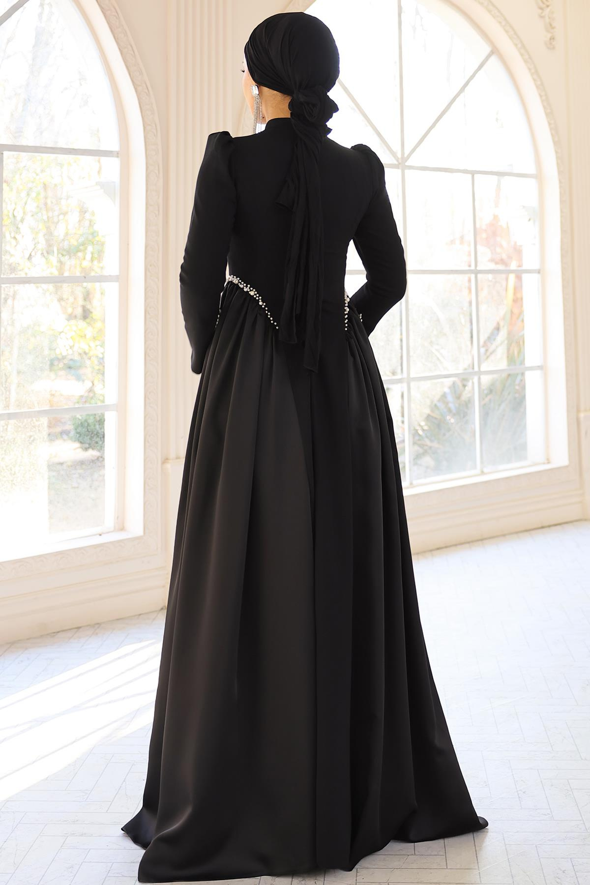 İnci Detaylı Krep ve Saten Kombinli Kloş Tesettür SİYAH 1686
