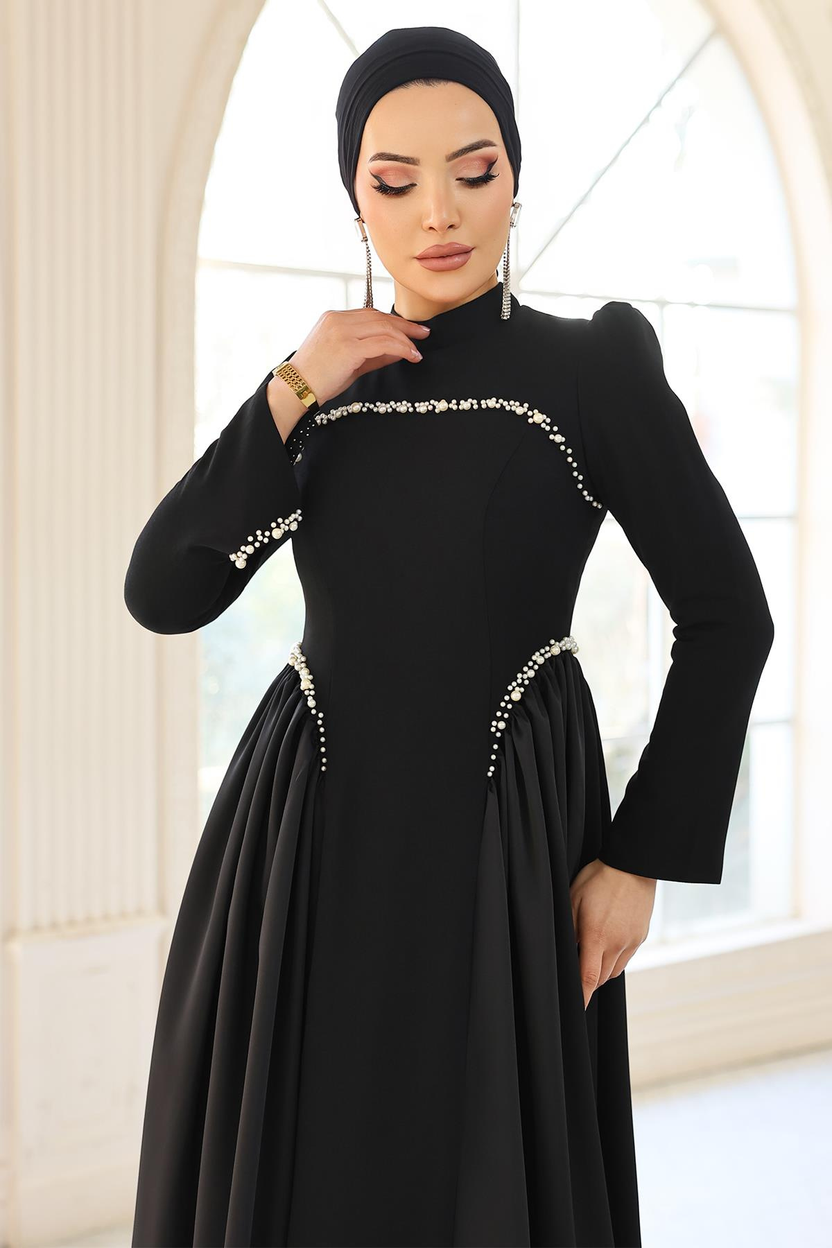 İnci Detaylı Krep ve Saten Kombinli Kloş Tesettür SİYAH 1686