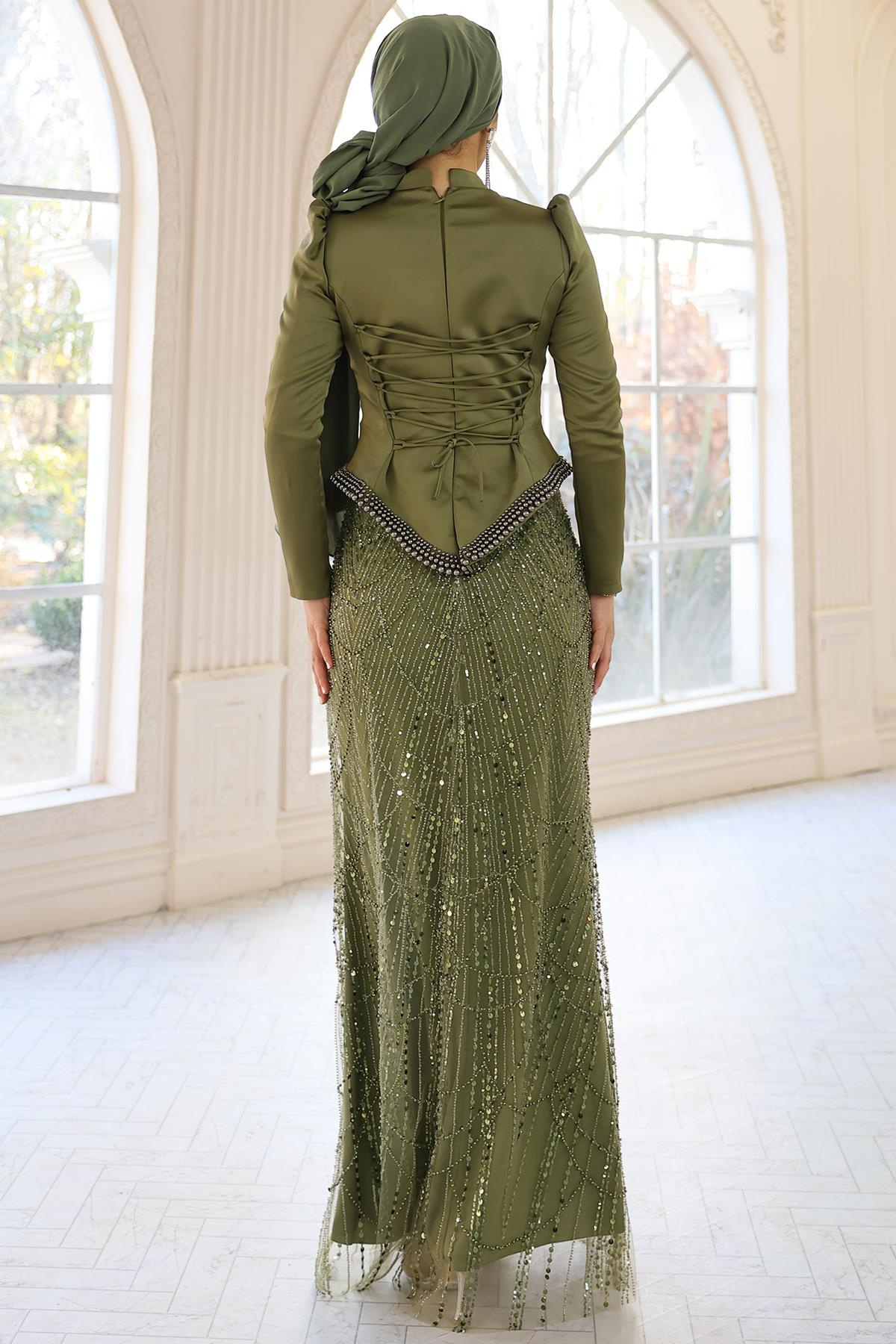 İnci Detaylı Saten ve Tül Kombinli Exclusive Tesettür Abiye Elbise HAKİ 1060