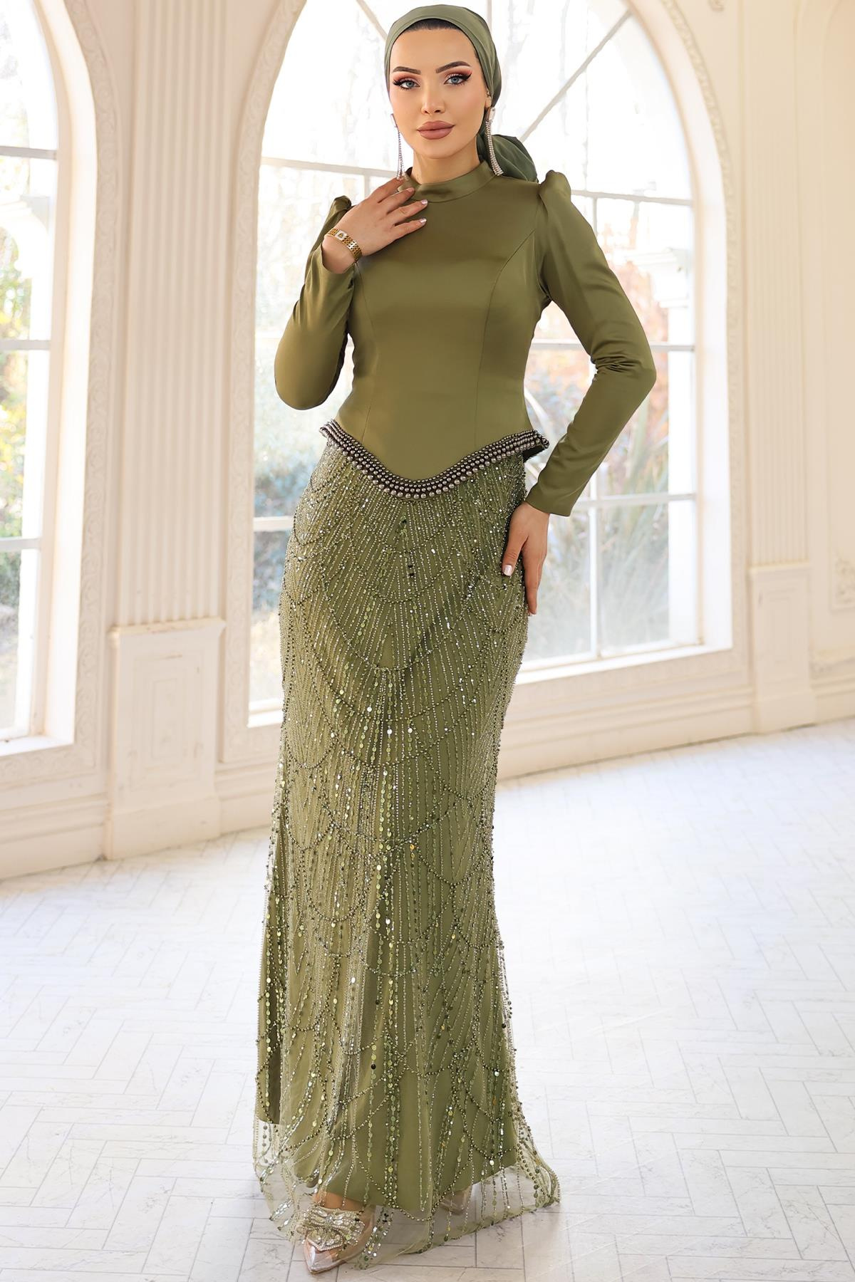 İnci Detaylı Saten ve Tül Kombinli Exclusive Tesettür Abiye Elbise HAKİ 1060
