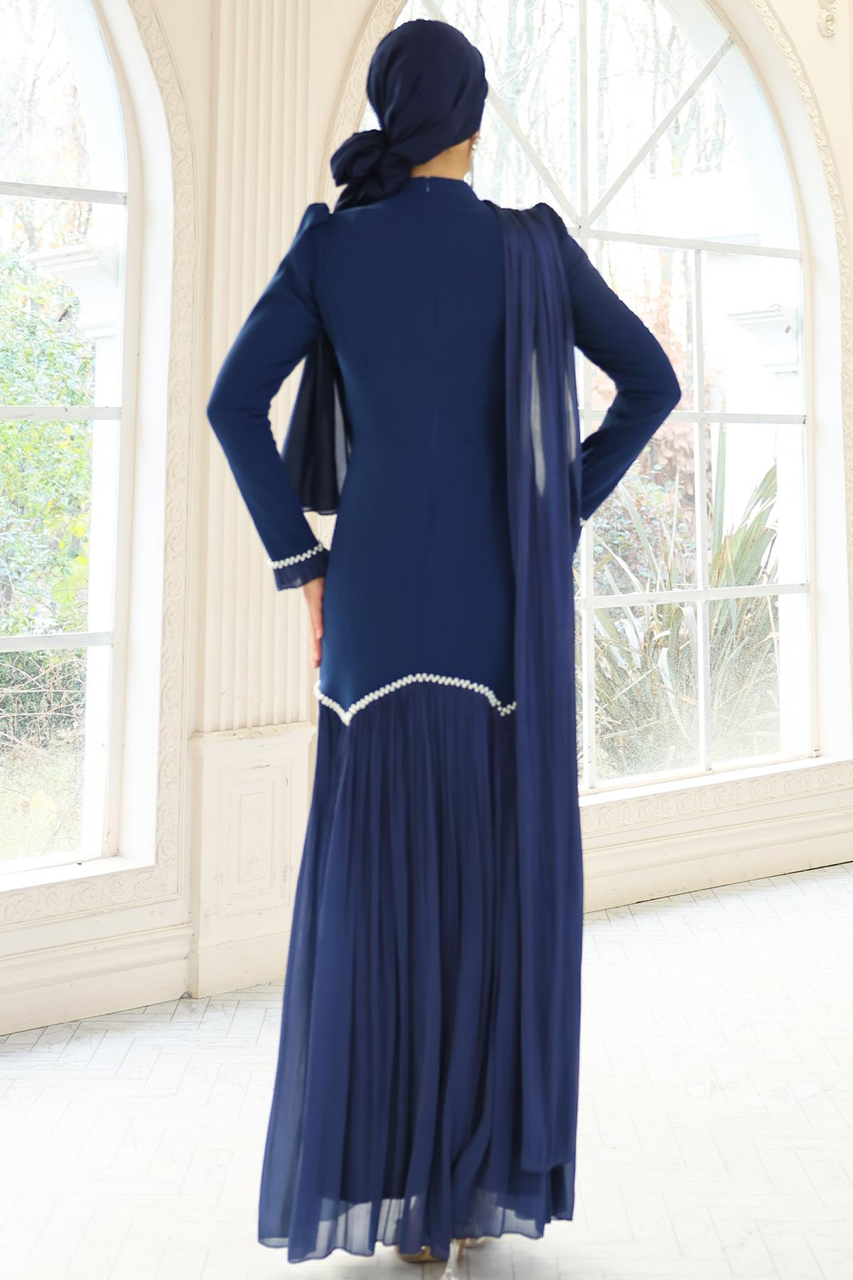 İnci Pilise Detaylı Krep Yoryo İpek Kombinli Tesettür Abiye Elbise LACİVERT 1684