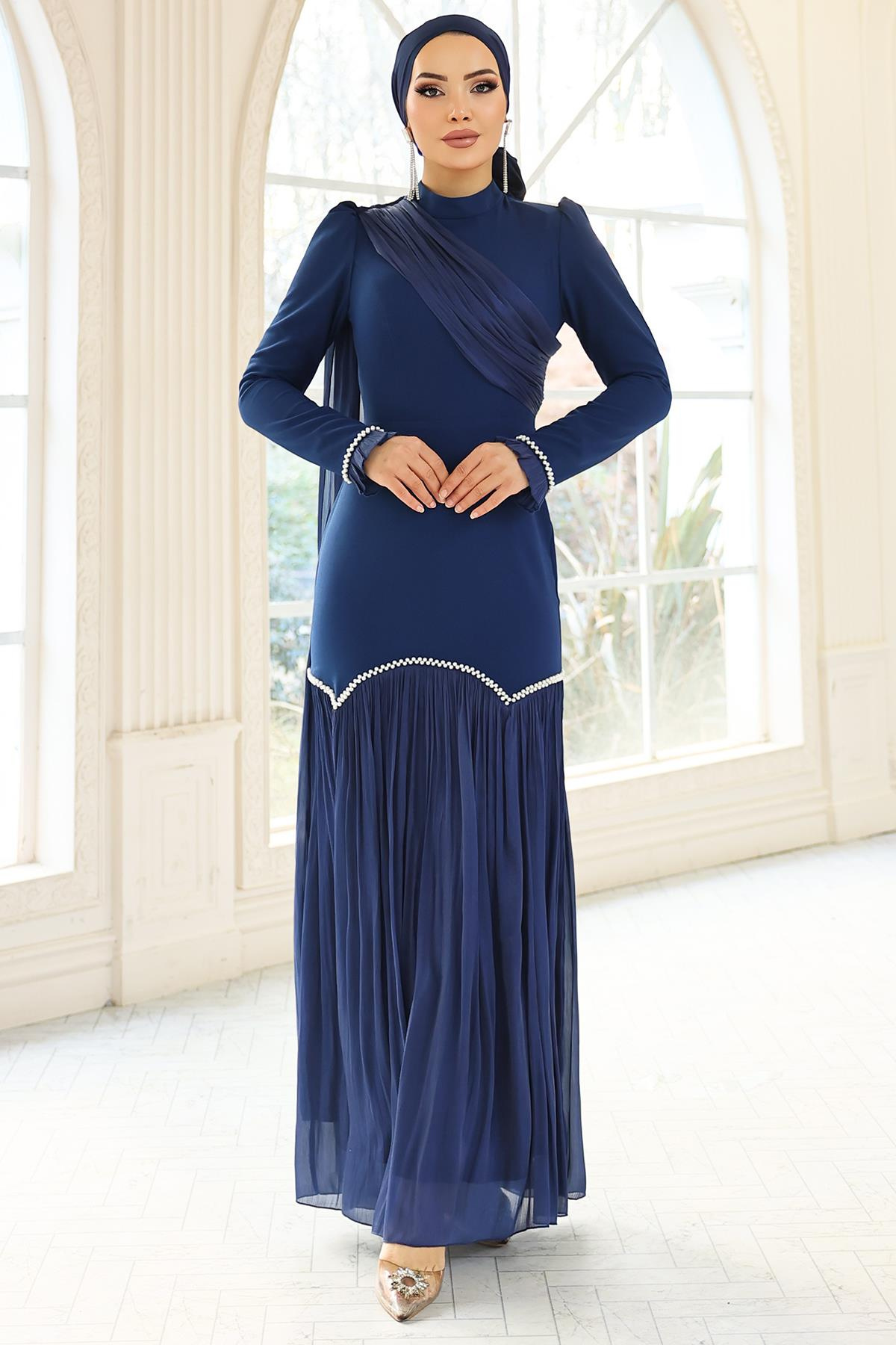 İnci Pilise Detaylı Krep Yoryo İpek Kombinli Tesettür Abiye Elbise LACİVERT 1684