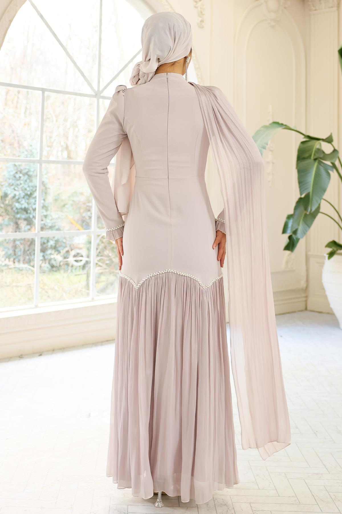 İnci Pilise Detaylı Krep Yoryo İpek Kombinli Tesettür Abiye Elbise TAŞ 1684