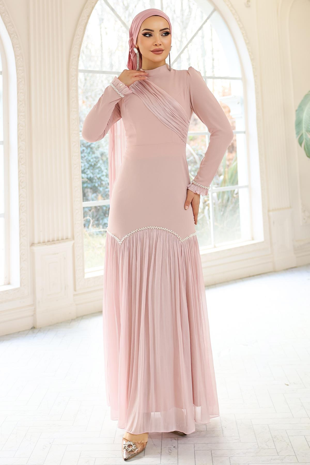 İnci Pilise Detaylı Krep Yoryo İpek Kombinli Tesettür Abiye Elbise PUDRA 1684