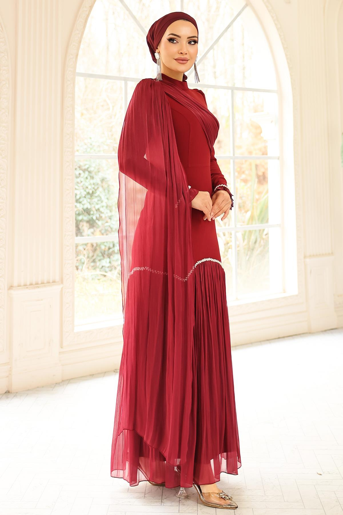 İnci Pilise Detaylı Krep Yoryo İpek Kombinli Tesettür Abiye Elbise BORDO 1684