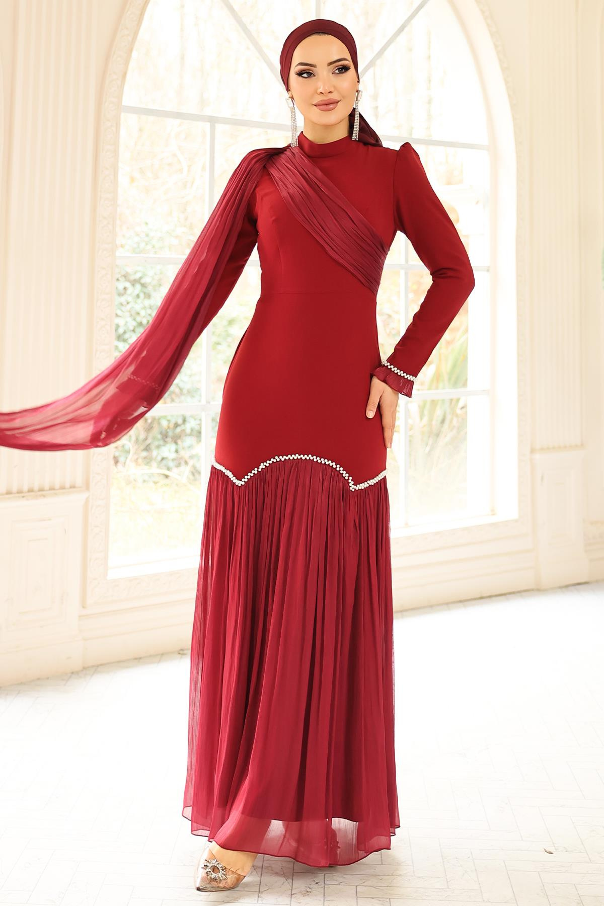 İnci Pilise Detaylı Krep Yoryo İpek Kombinli Tesettür Abiye Elbise BORDO 1684
