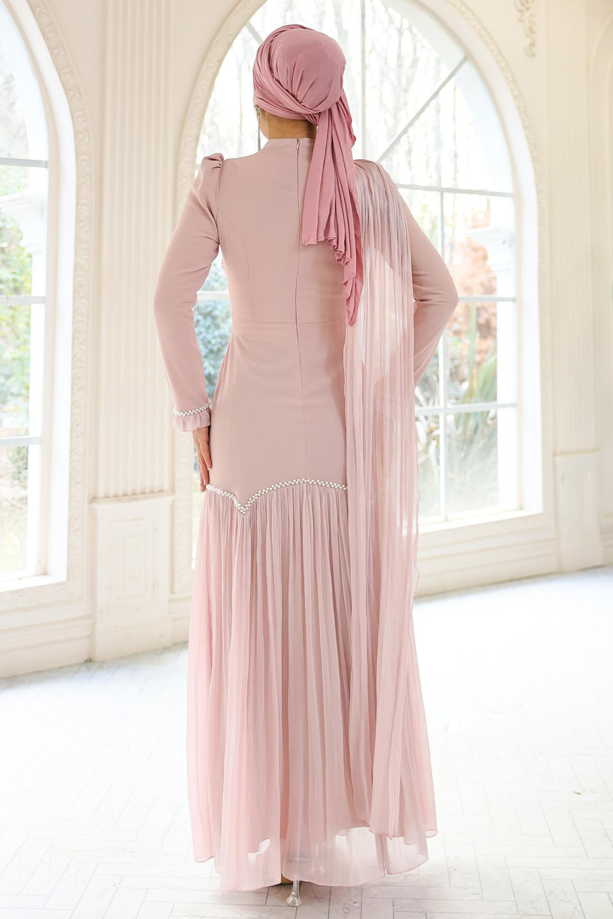 İnci Pilise Detaylı Krep Yoryo İpek Kombinli Tesettür Abiye Elbise PUDRA 1684