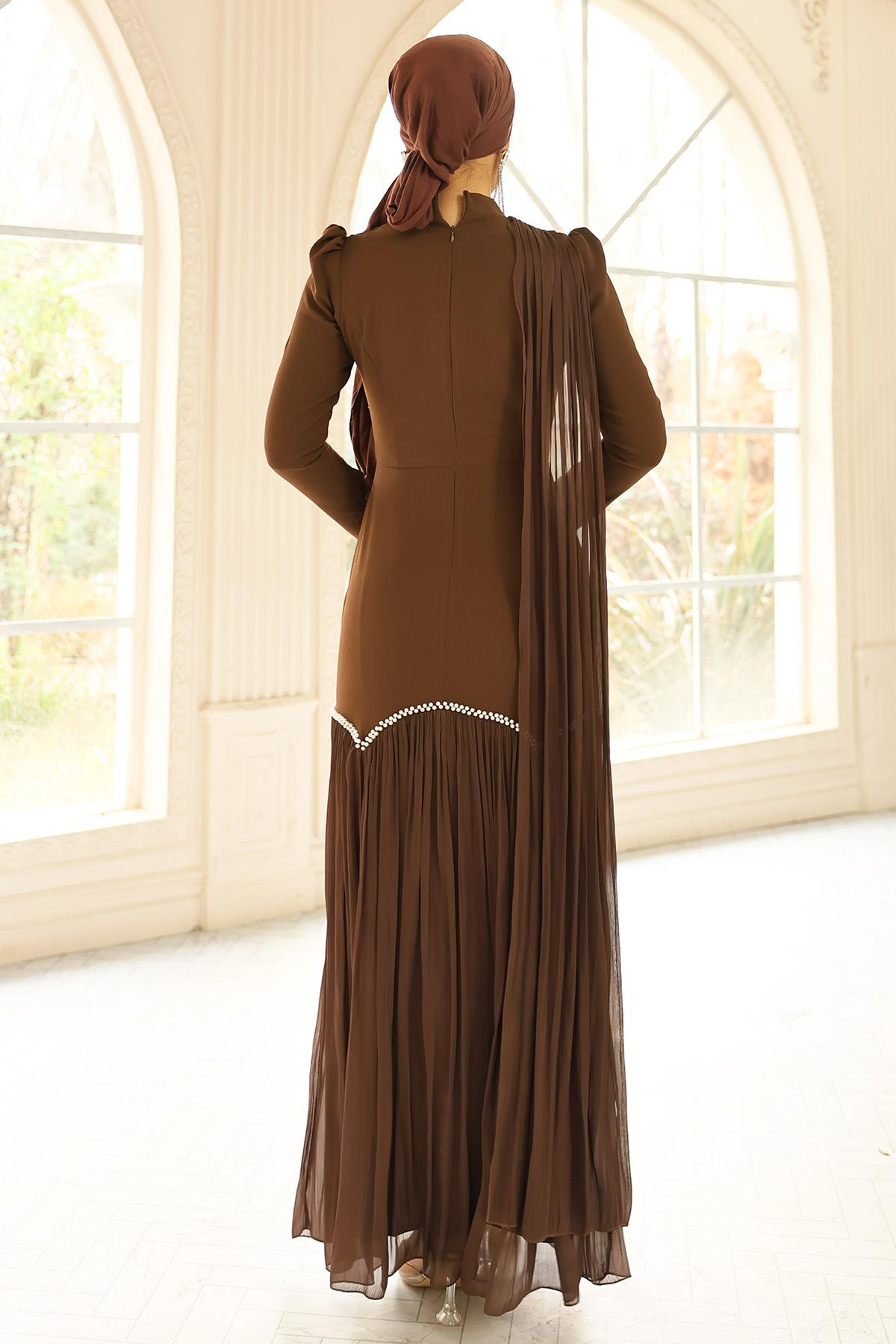 İnci Pilise Detaylı Krep Yoryo İpek Kombinli Tesettür Abiye Elbise KAHVE 1684