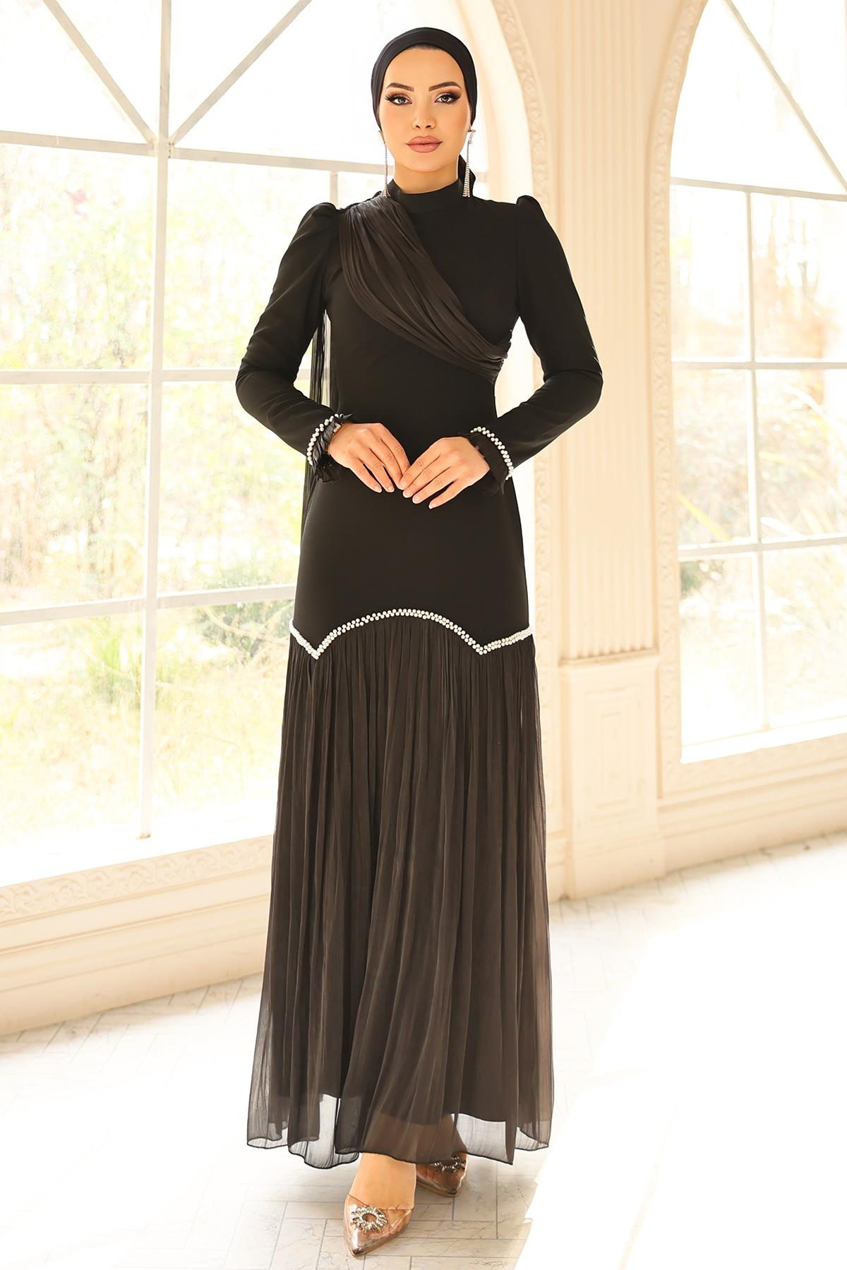 İnci Pilise Detaylı Krep Yoryo İpek Kombinli Tesettür Abiye Elbise SİYAH 1684