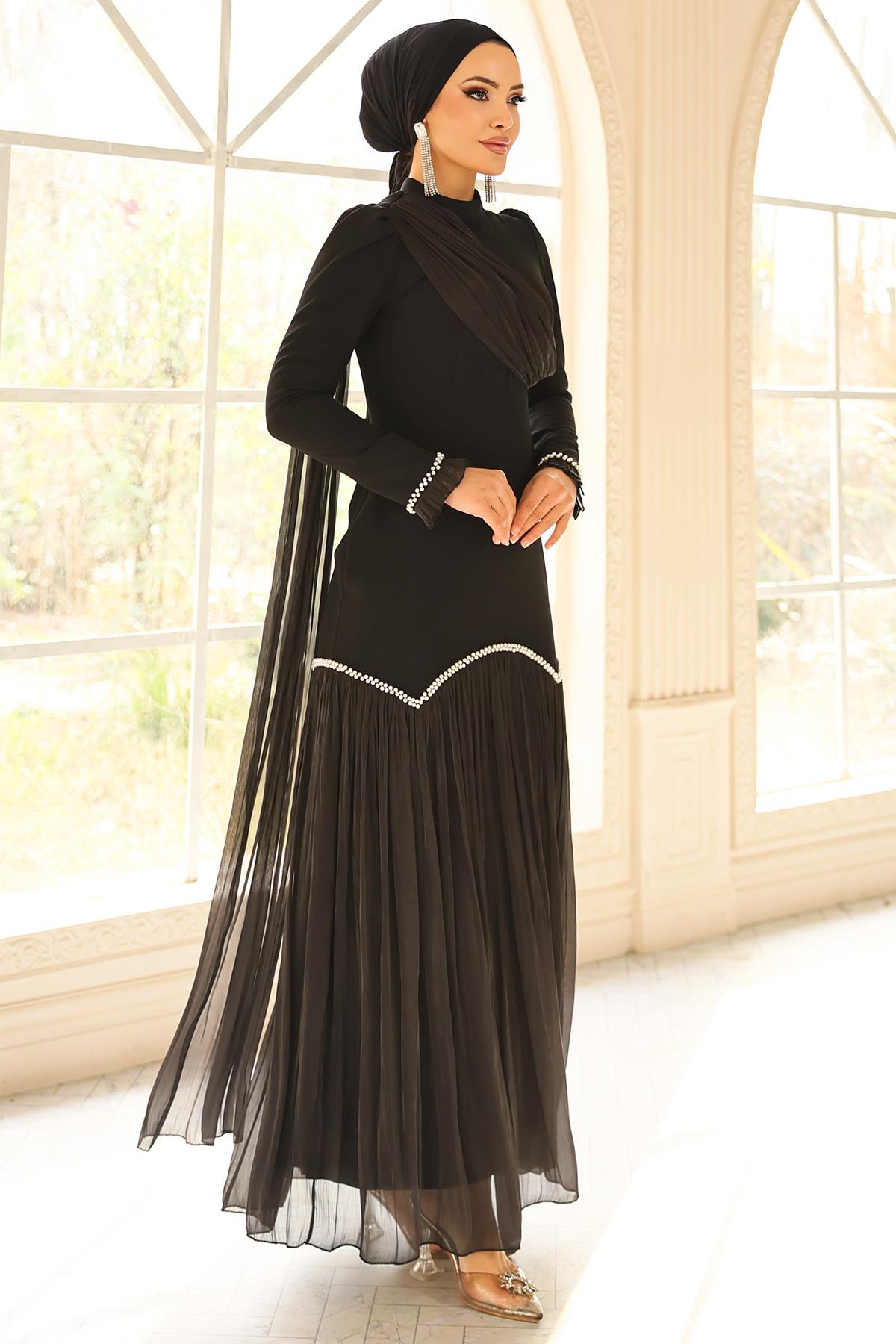 İnci Pilise Detaylı Krep Yoryo İpek Kombinli Tesettür Abiye Elbise SİYAH 1684