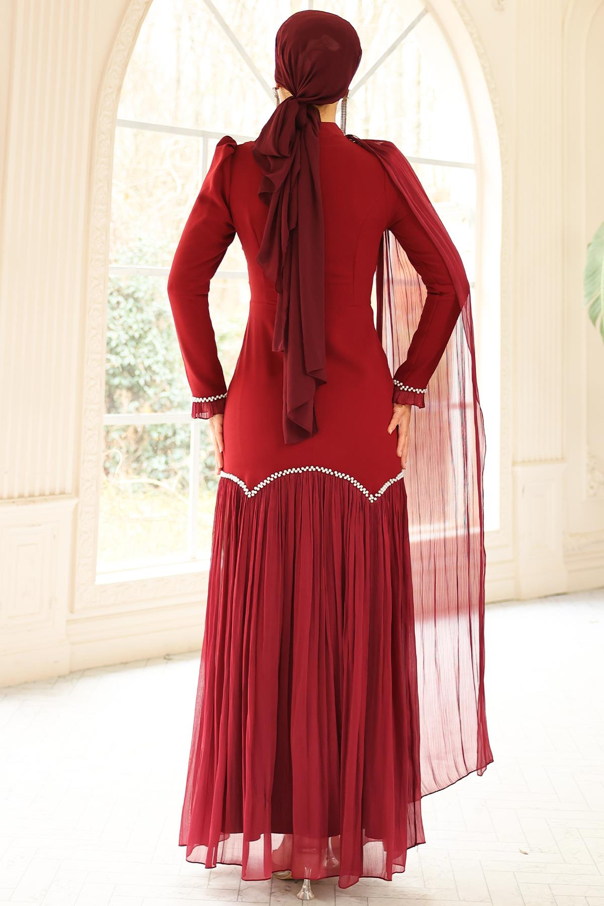 İnci Pilise Detaylı Krep Yoryo İpek Kombinli Tesettür Abiye Elbise BORDO 1684