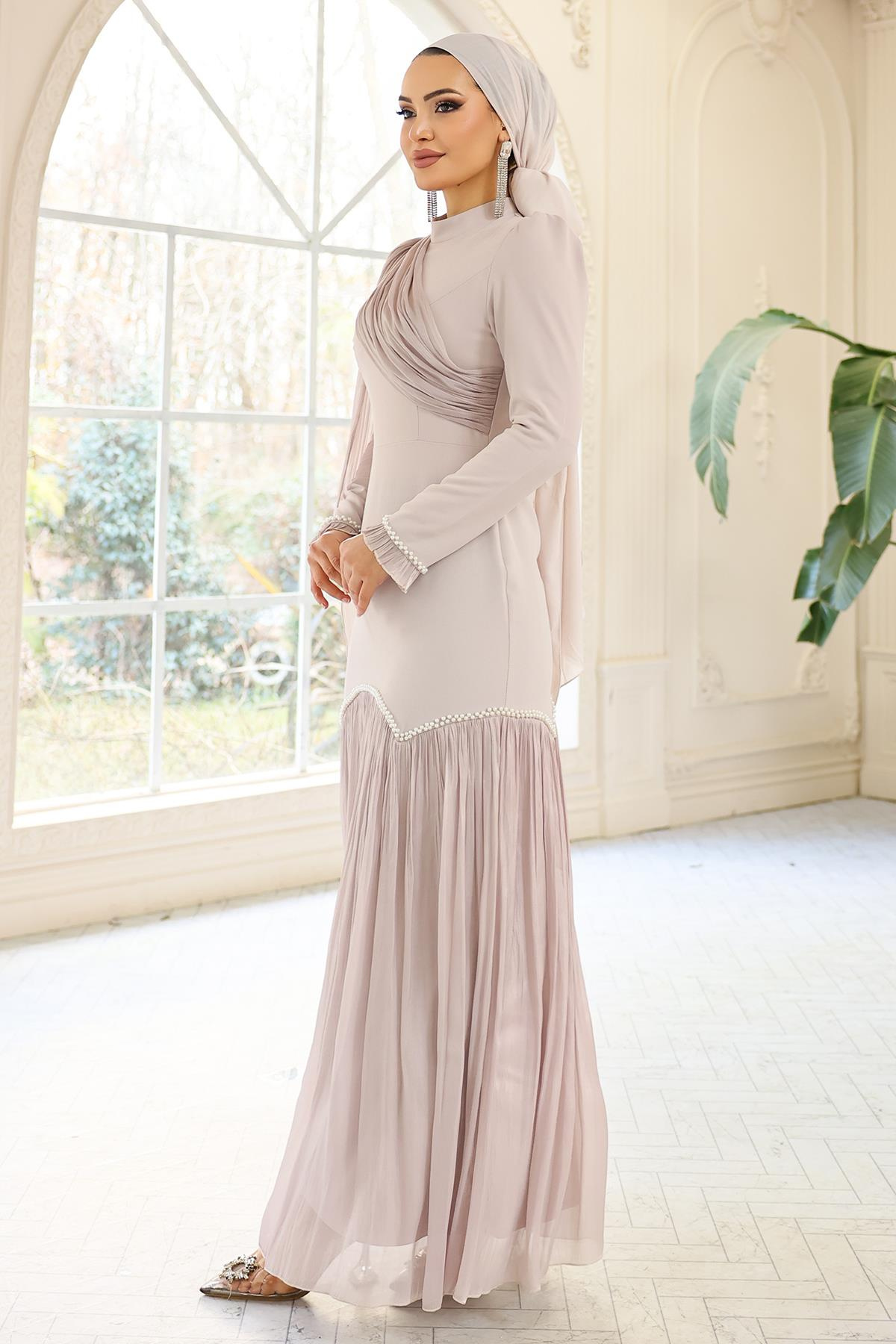 İnci Pilise Detaylı Krep Yoryo İpek Kombinli Tesettür Abiye Elbise TAŞ 1684
