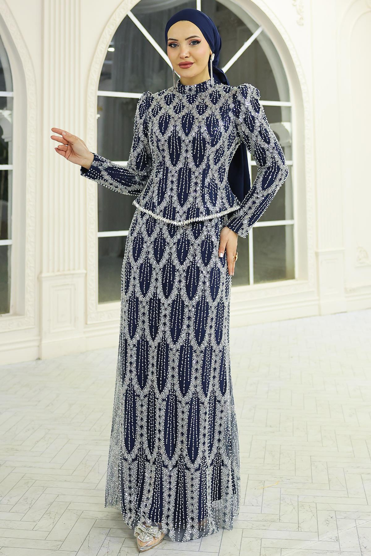 İnci ve Boncuk Bezeli Exclusive Tesettür Abiye Elbise LACİVERT 1062