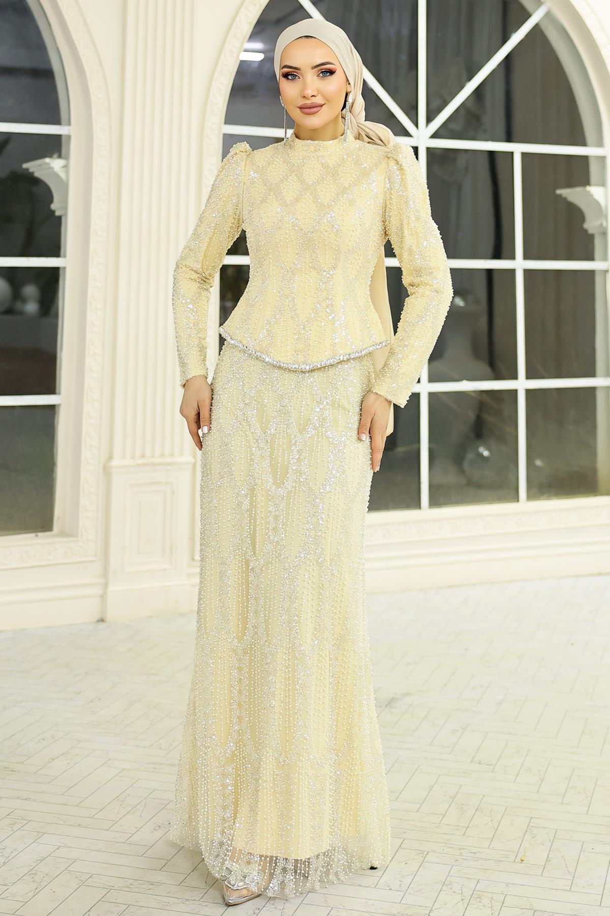 İnci ve Boncuk Bezeli Exclusive Tesettür Abiye Elbise BEJ 1062