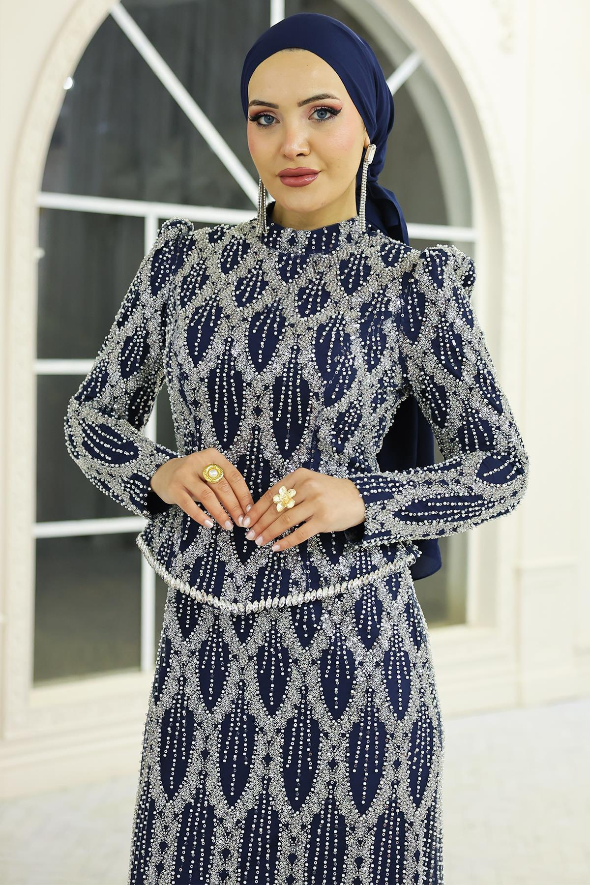 İnci ve Boncuk Bezeli Exclusive Tesettür Abiye Elbise LACİVERT 1062