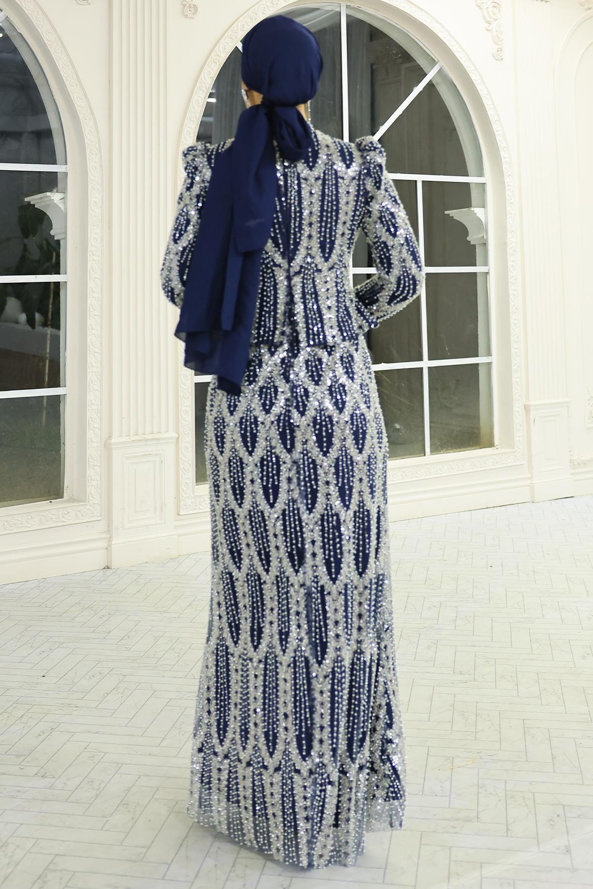 İnci ve Boncuk Bezeli Exclusive Tesettür Abiye Elbise LACİVERT 1062