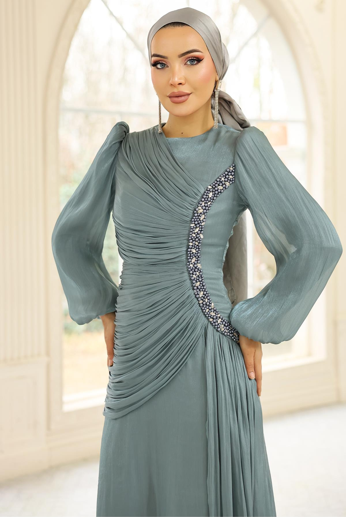 İnci ve Pilise Detaylı Yoryo İpek Tesettür Abiye Elbise SU YEŞİLİ 1249