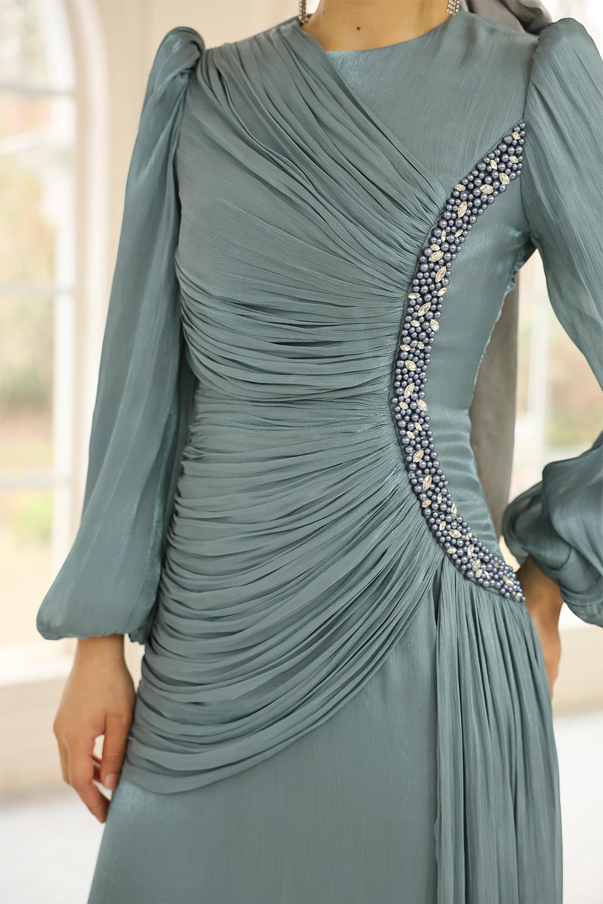 İnci ve Pilise Detaylı Yoryo İpek Tesettür Abiye Elbise SU YEŞİLİ 1249