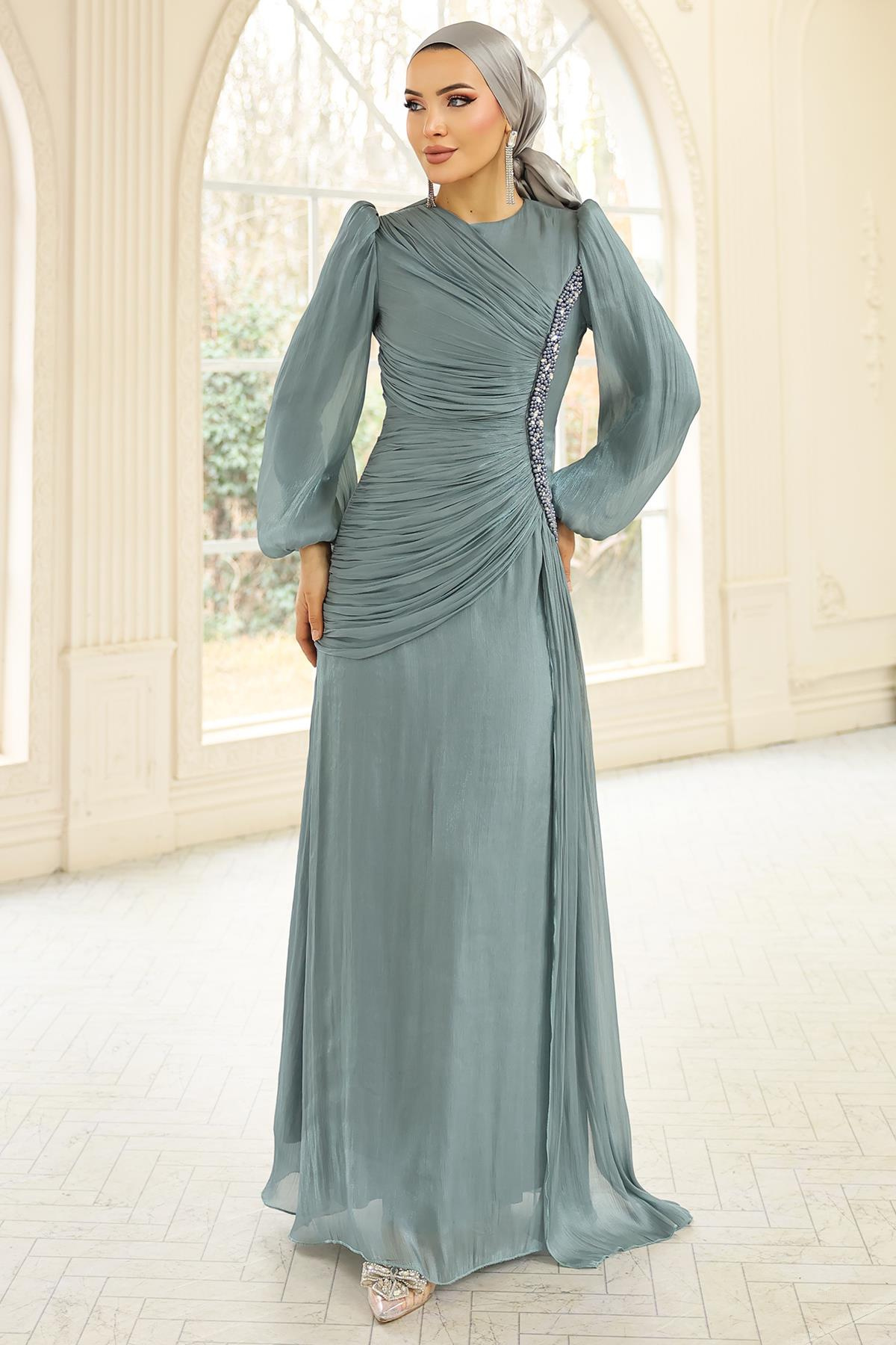 İnci ve Pilise Detaylı Yoryo İpek Tesettür Abiye Elbise SU YEŞİLİ 1249