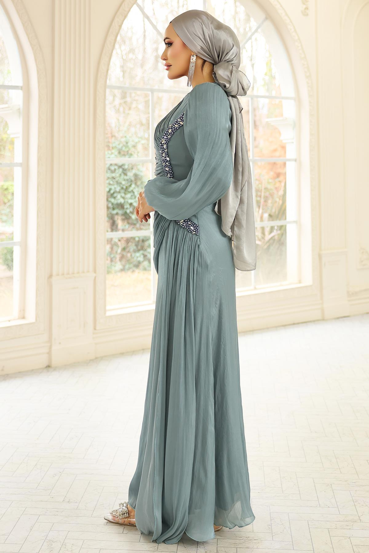 İnci ve Pilise Detaylı Yoryo İpek Tesettür Abiye Elbise SU YEŞİLİ 1249