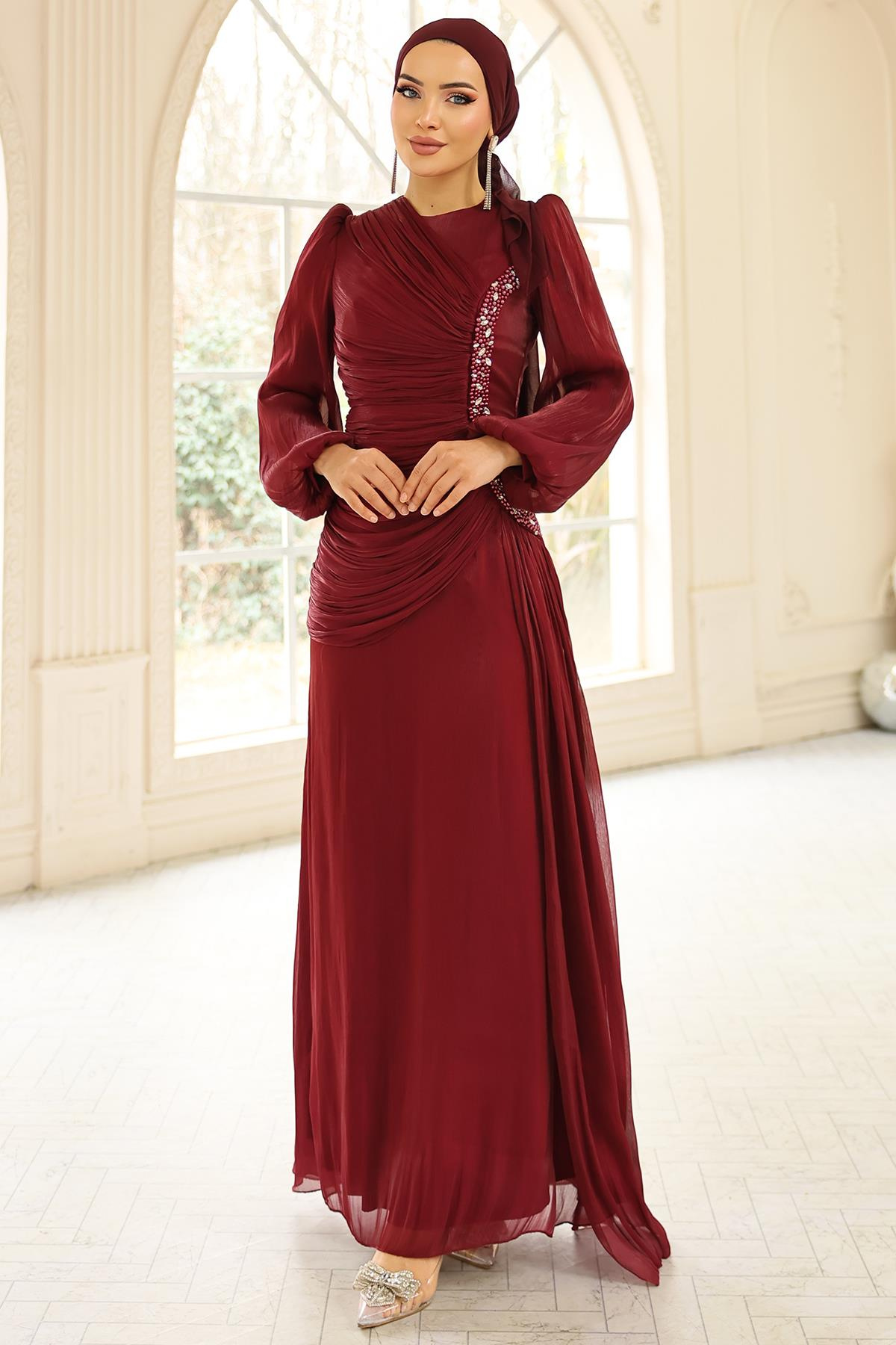 İnci ve Pilise Detaylı Yoryo İpek Tesettür Abiye Elbise BORDO 1249