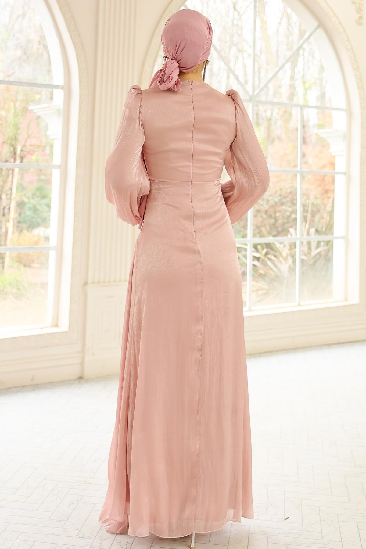 İnci ve Pilise Detaylı Yoryo İpek Tesettür Abiye Elbise PUDRA 1249