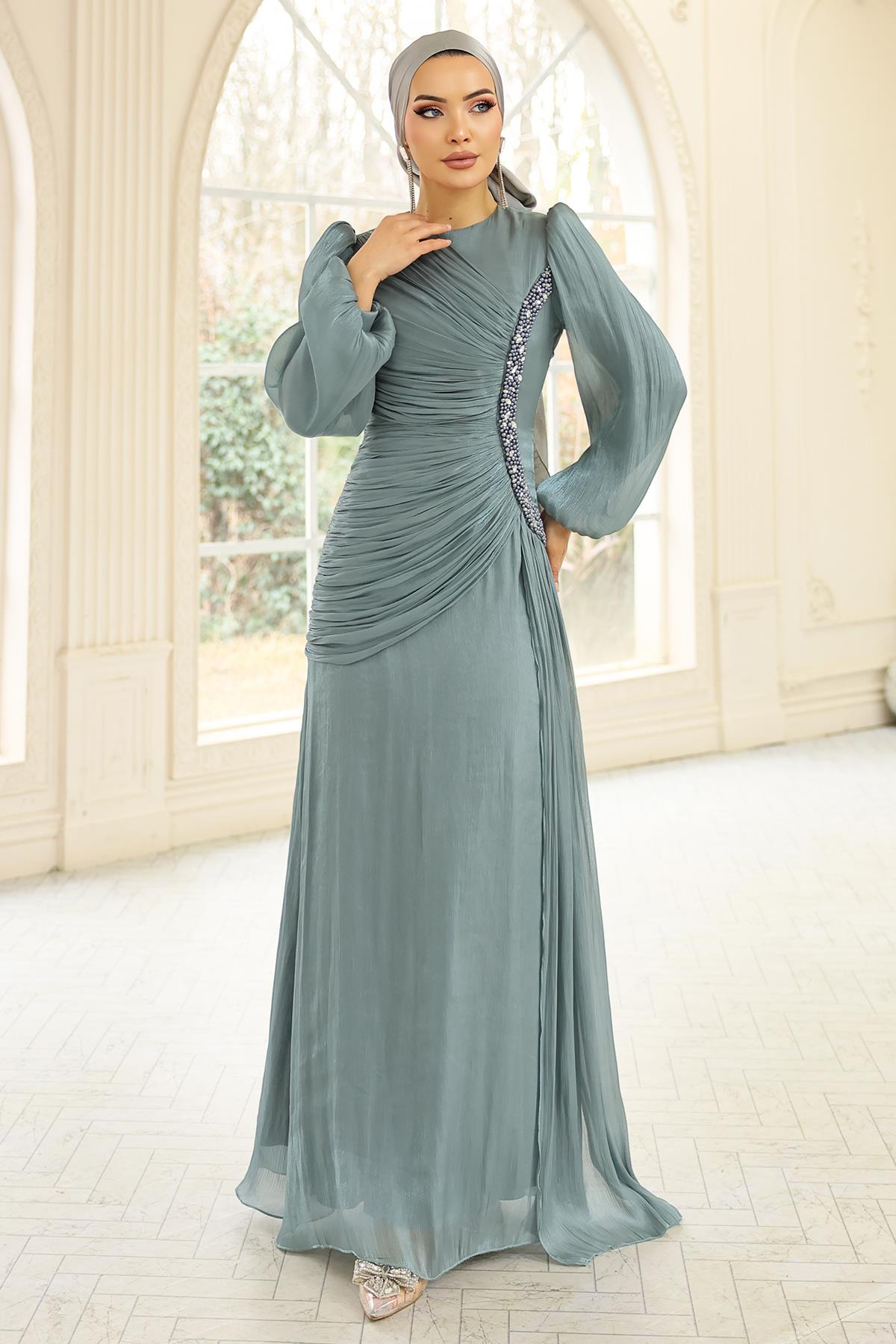 İnci ve Pilise Detaylı Yoryo İpek Tesettür Abiye Elbise SU YEŞİLİ 1249