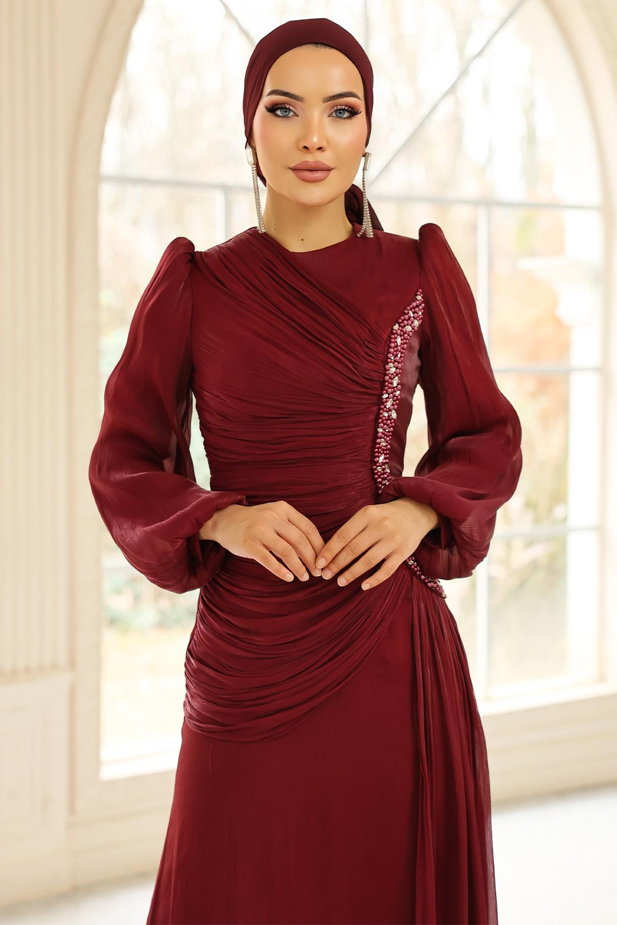 İnci ve Pilise Detaylı Yoryo İpek Tesettür Abiye Elbise BORDO 1249