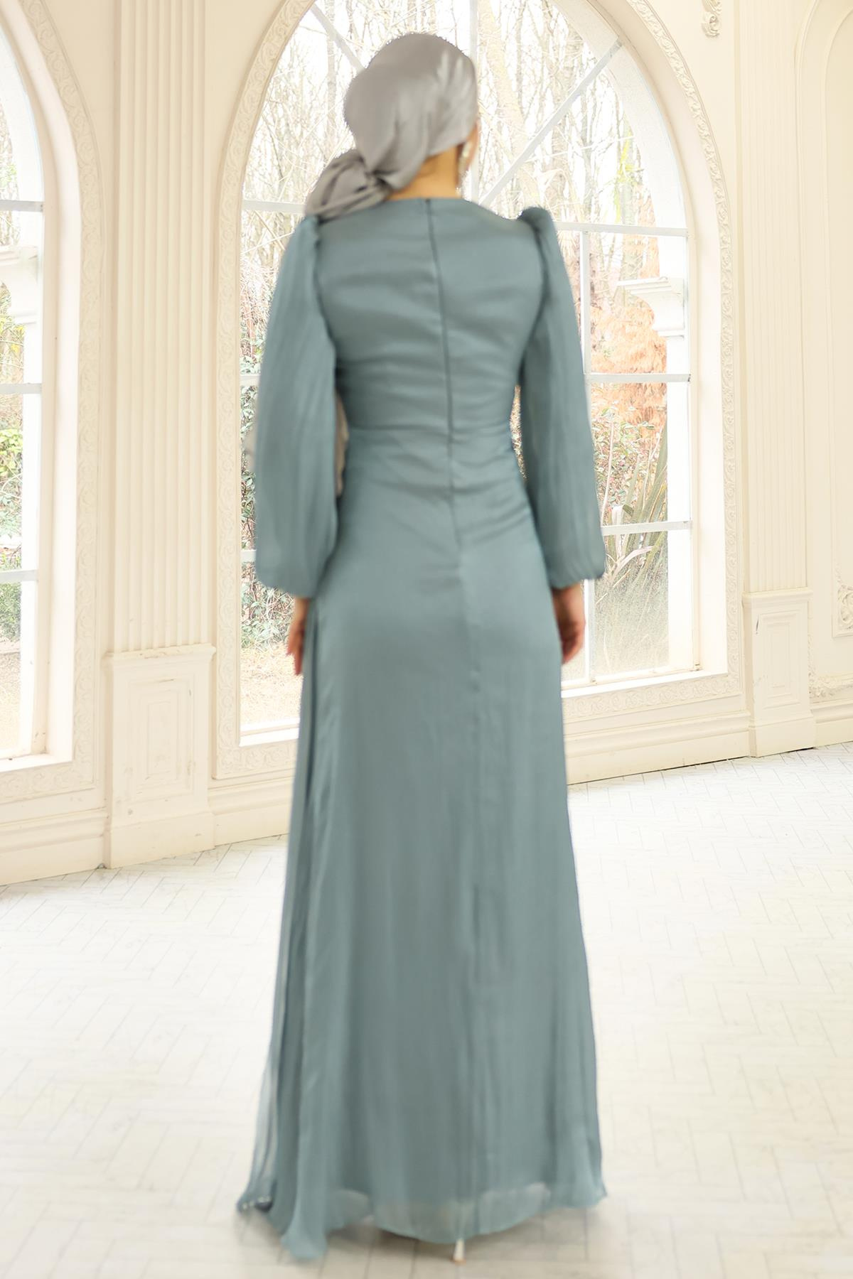 İnci ve Pilise Detaylı Yoryo İpek Tesettür Abiye Elbise SU YEŞİLİ 1249