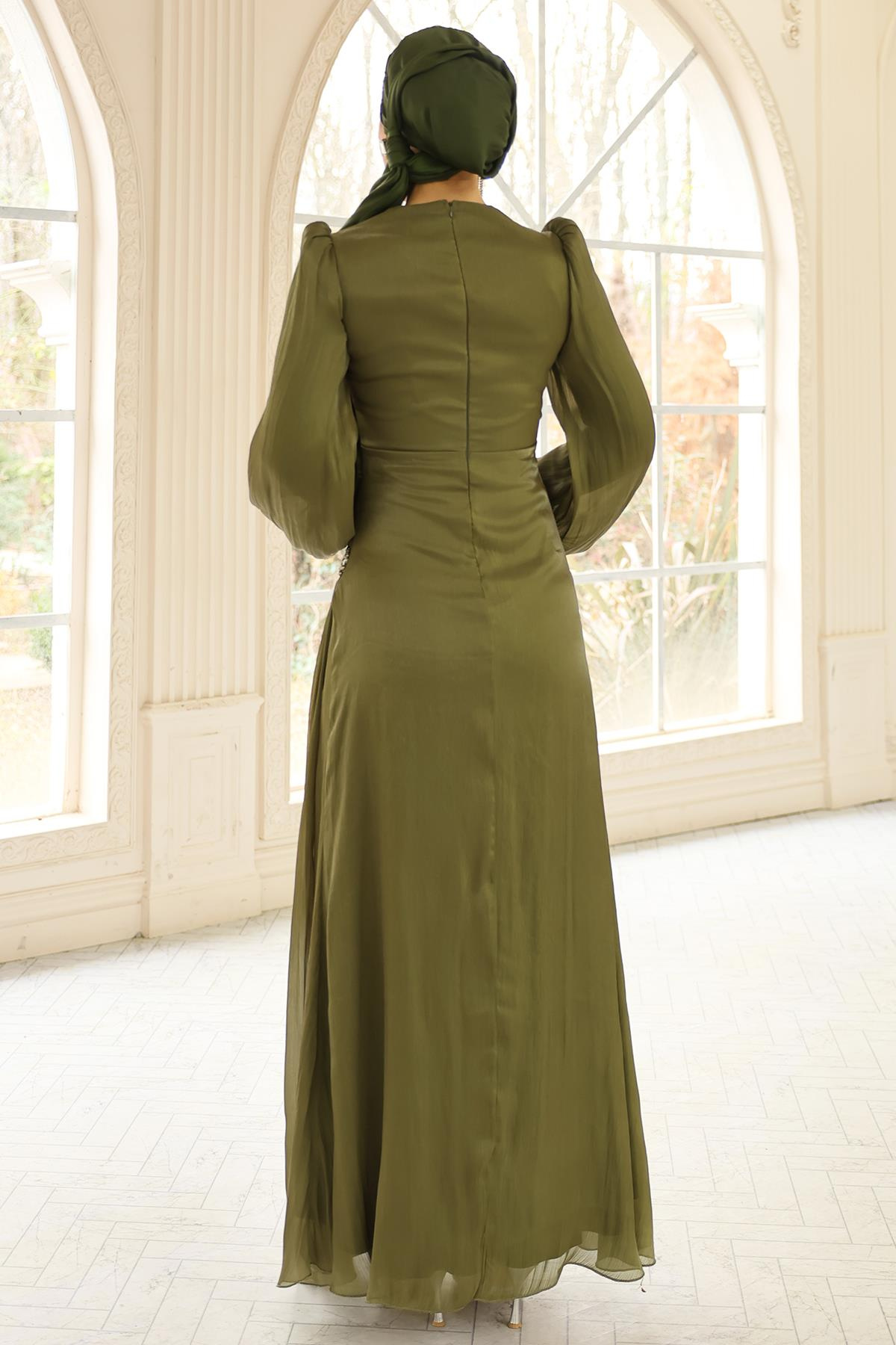 İnci ve Pilise Detaylı Yoryo İpek Tesettür Abiye Elbise YEŞİL 1249
