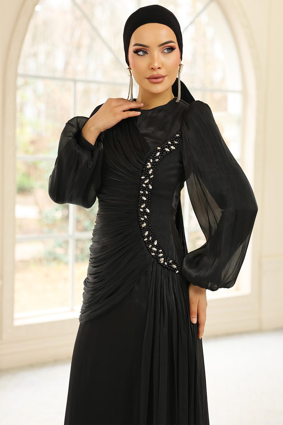 İnci ve Pilise Detaylı Yoryo İpek Tesettür Abiye Elbise SİYAH 1249