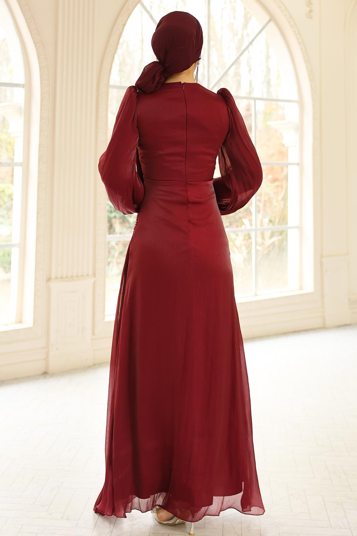 İnci ve Pilise Detaylı Yoryo İpek Tesettür Abiye Elbise BORDO 1249