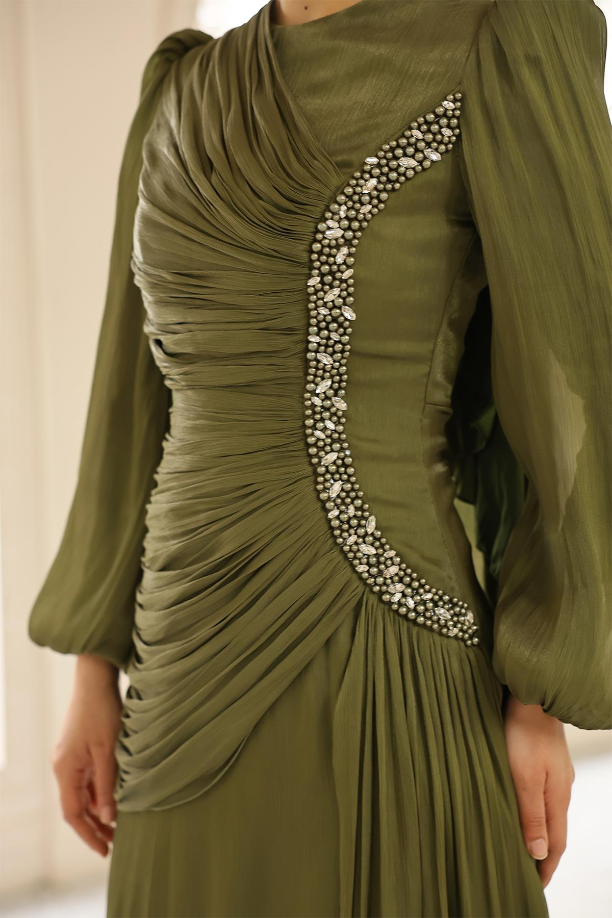 İnci ve Pilise Detaylı Yoryo İpek Tesettür Abiye Elbise YEŞİL 1249