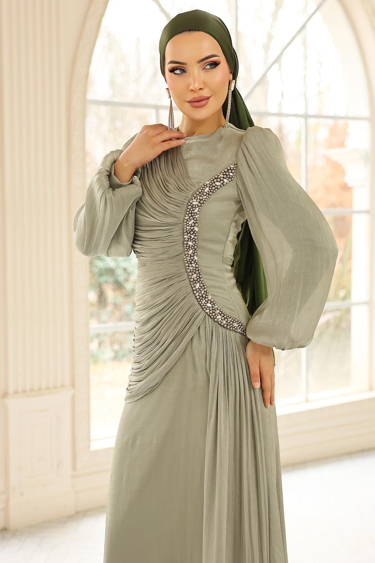 İnci ve Pilise Detaylı Yoryo İpek Tesettür Abiye Elbise AÇIK YEŞİL 1249