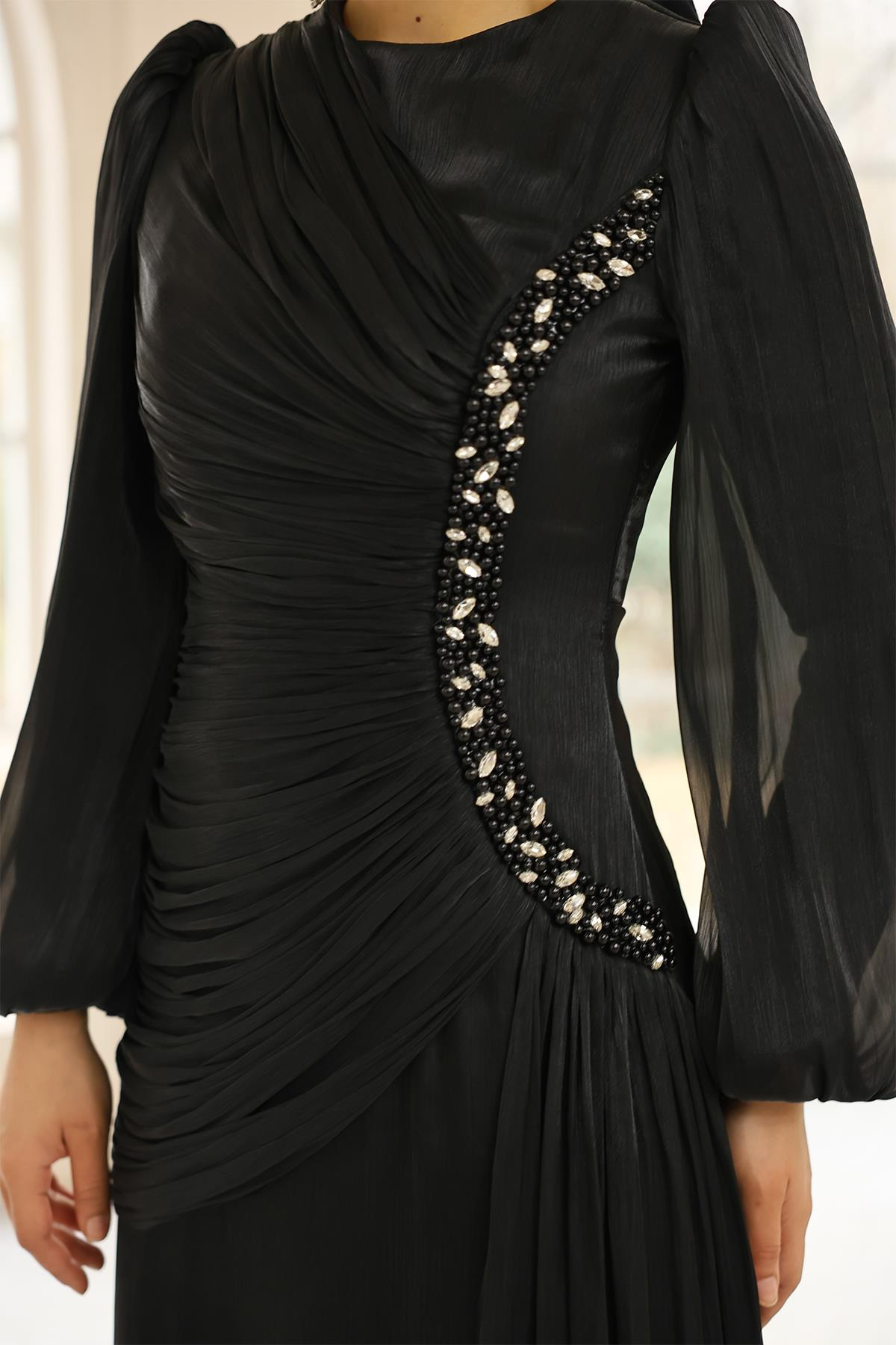 İnci ve Pilise Detaylı Yoryo İpek Tesettür Abiye Elbise SİYAH 1249