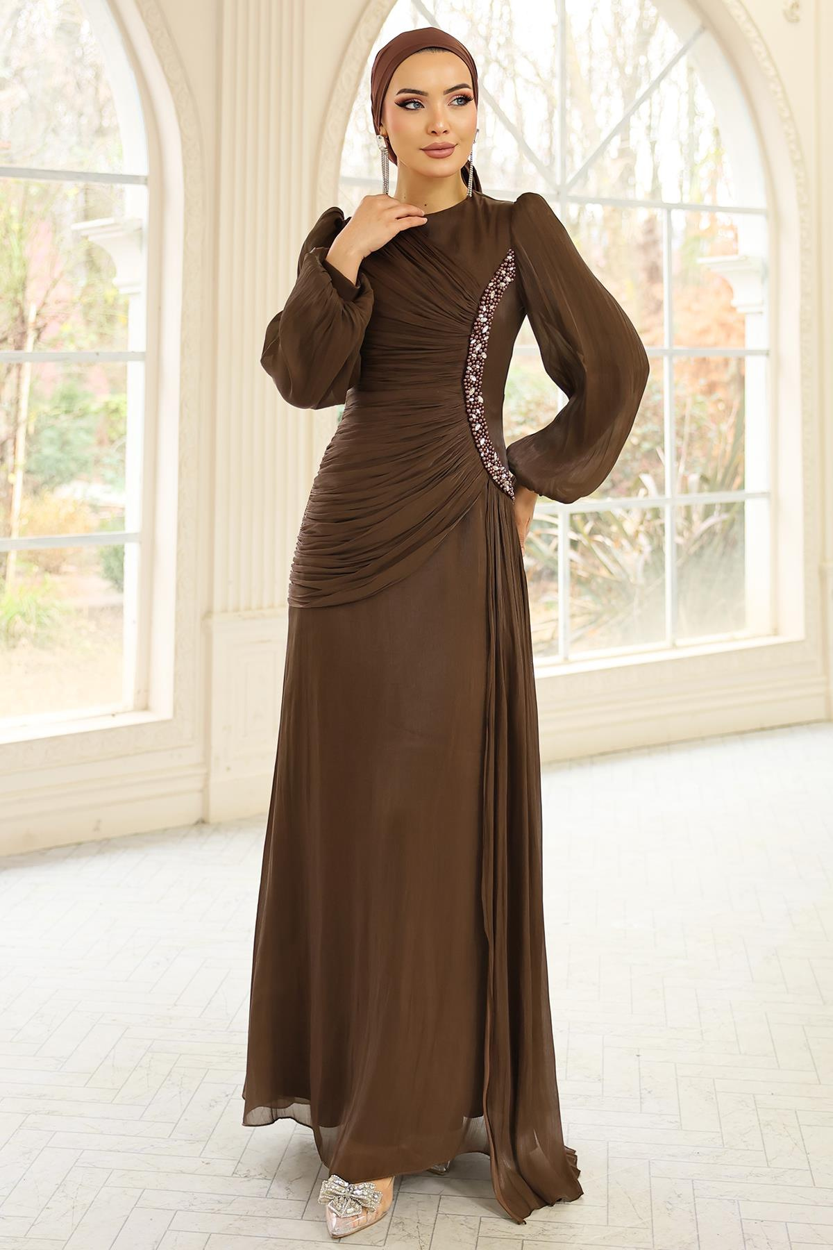 İnci ve Pilise Detaylı Yoryo İpek Tesettür Abiye Elbise KAHVE 1249