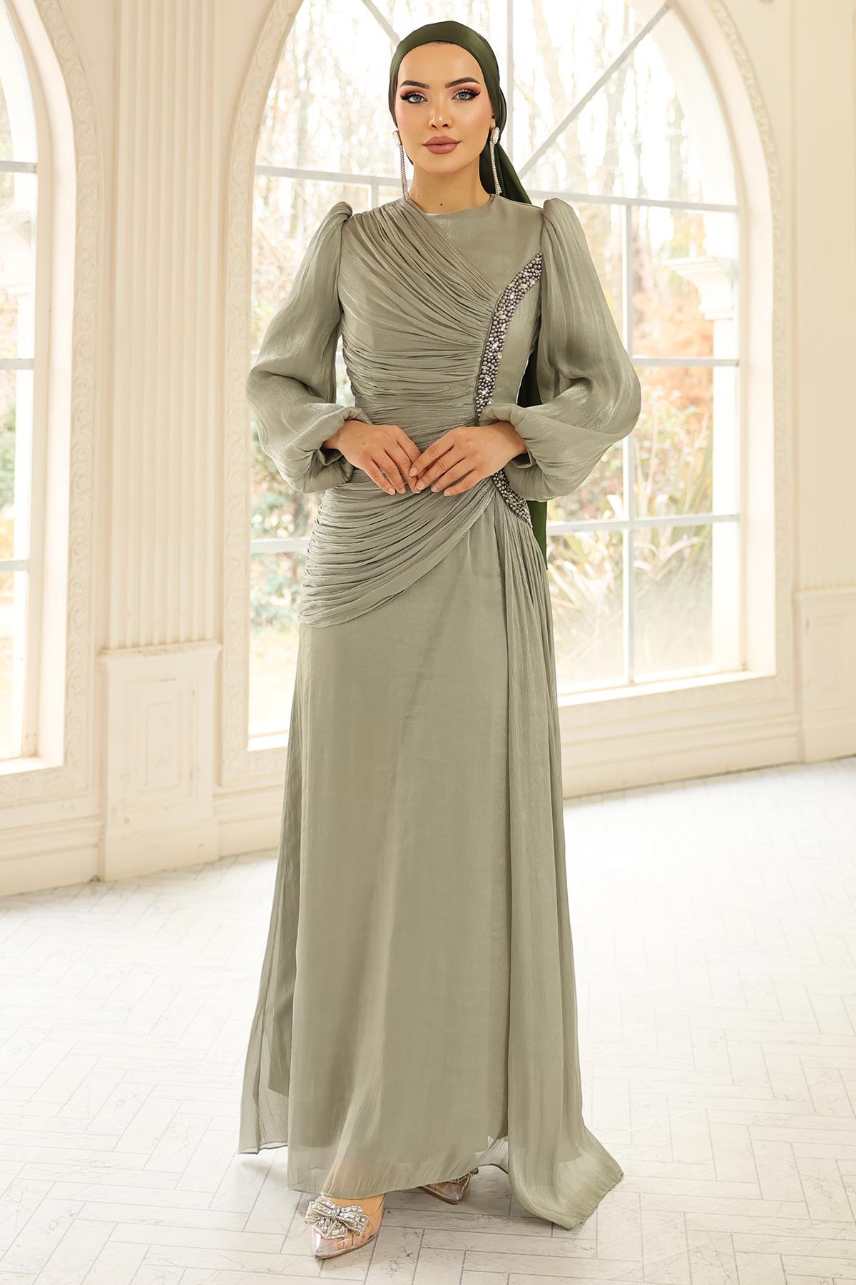 İnci ve Pilise Detaylı Yoryo İpek Tesettür Abiye Elbise AÇIK YEŞİL 1249