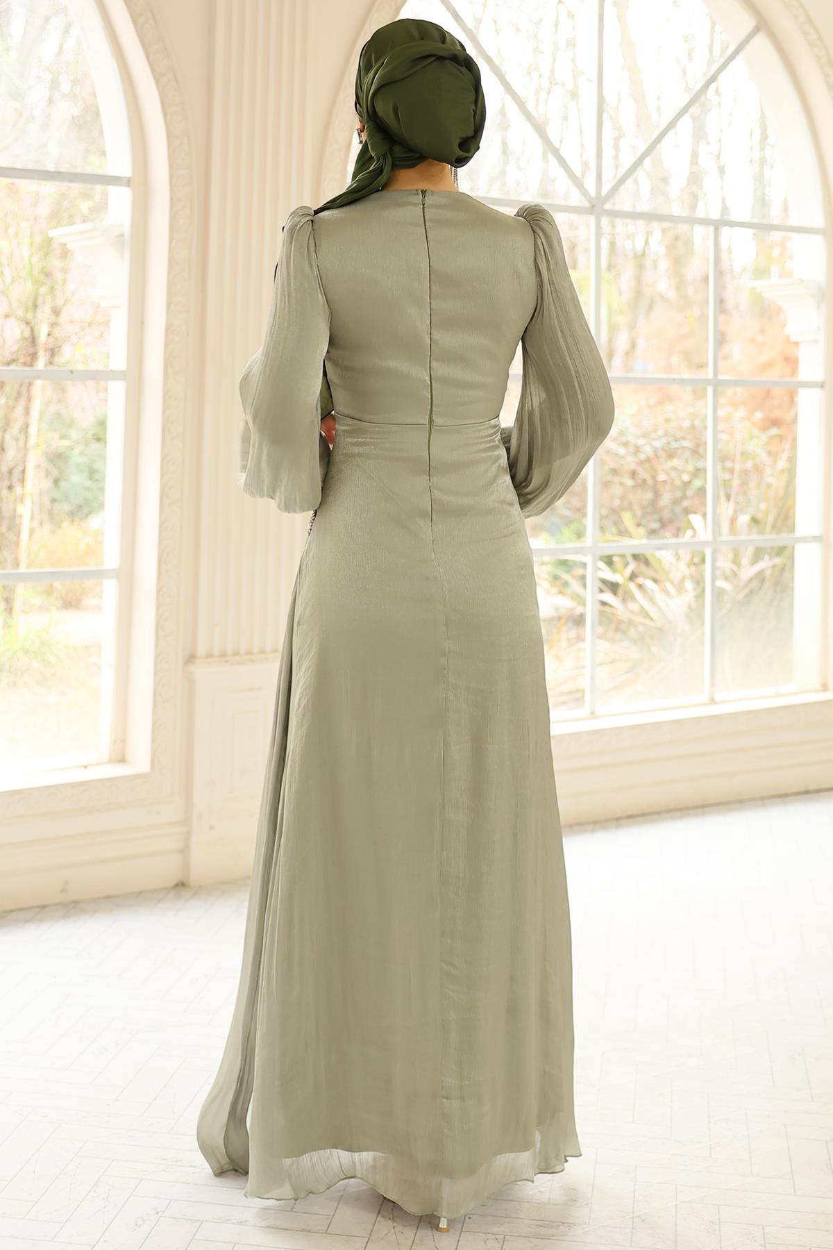 İnci ve Pilise Detaylı Yoryo İpek Tesettür Abiye Elbise AÇIK YEŞİL 1249