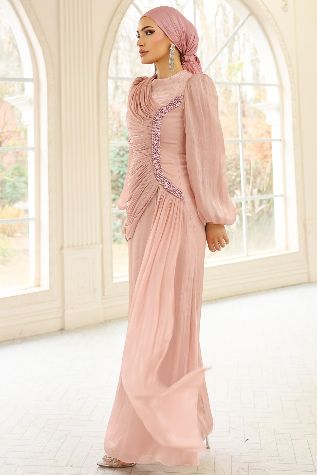 İnci ve Pilise Detaylı Yoryo İpek Tesettür Abiye Elbise PUDRA 1249