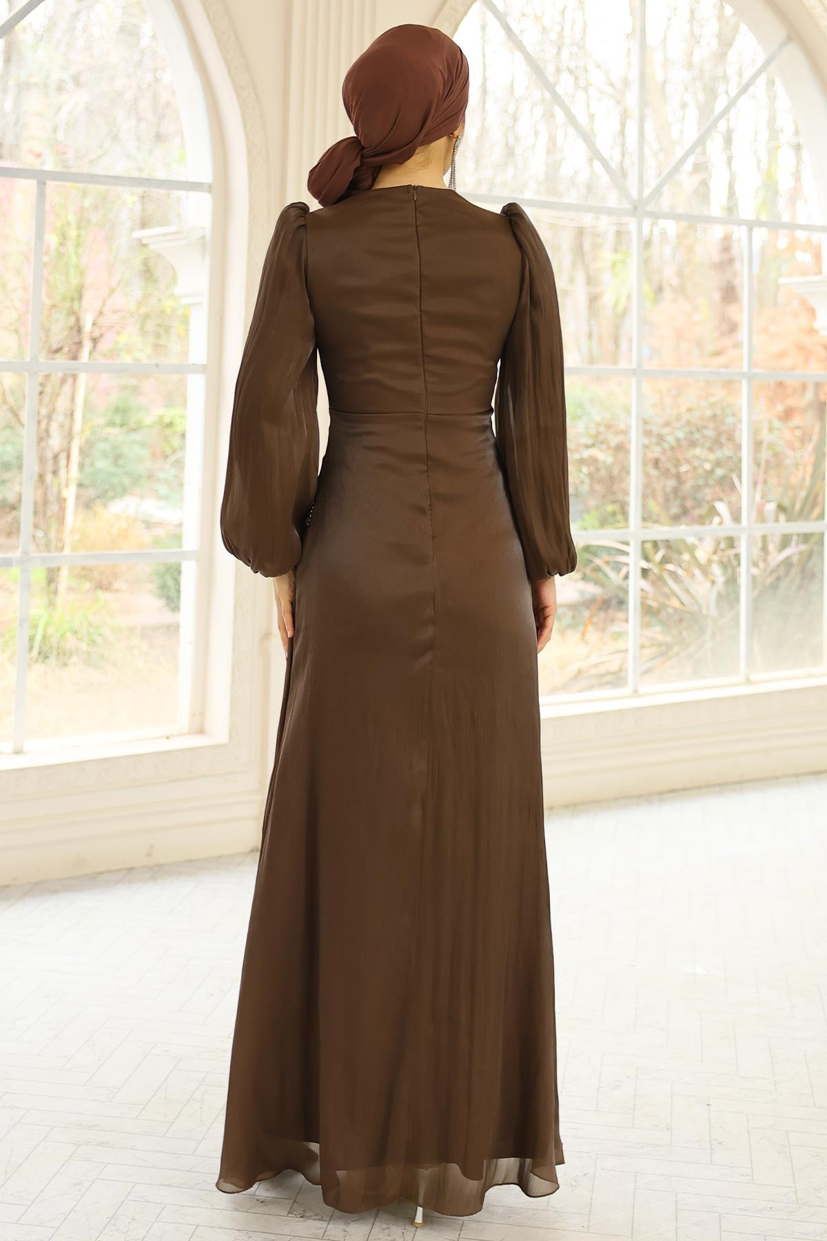 İnci ve Pilise Detaylı Yoryo İpek Tesettür Abiye Elbise KAHVE 1249