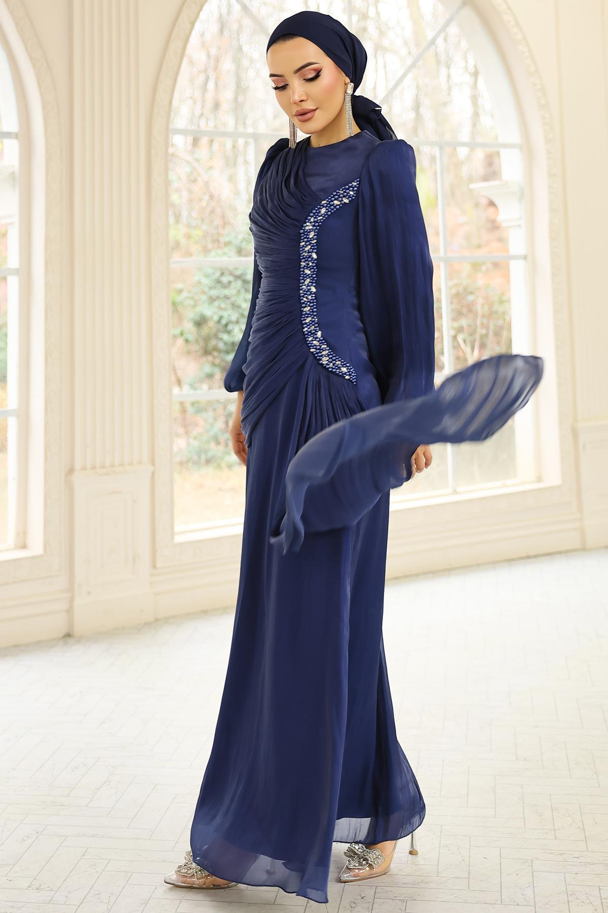İnci ve Pilise Detaylı Yoryo İpek Tesettür Abiye Elbise K. İNDİGO 1249