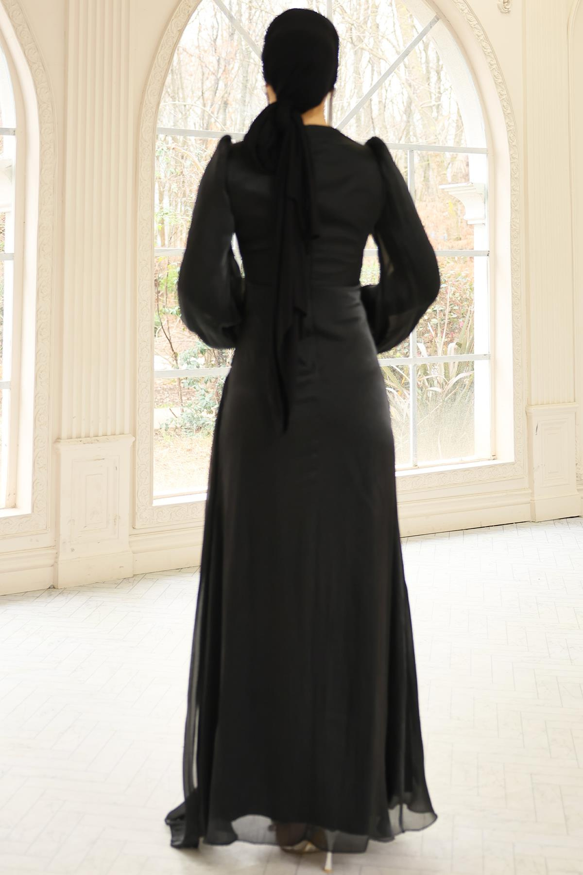 İnci ve Pilise Detaylı Yoryo İpek Tesettür Abiye Elbise SİYAH 1249